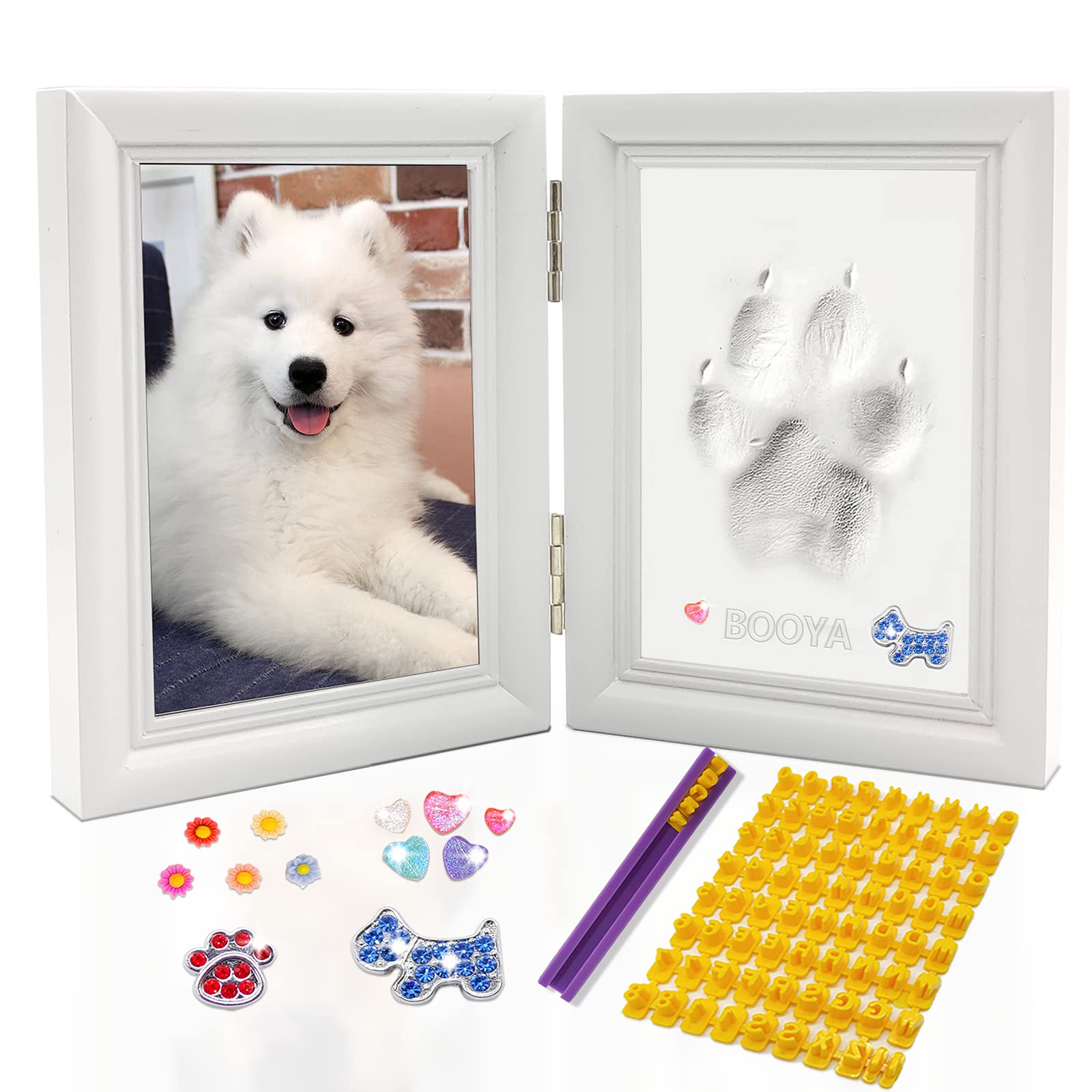 MYPAWLETS Dog or Cat Paw Print Kit with Trinkets,Pet paw Print Impression kit with 2 Clay,Wooden Dog Picture Frame,Personalized 