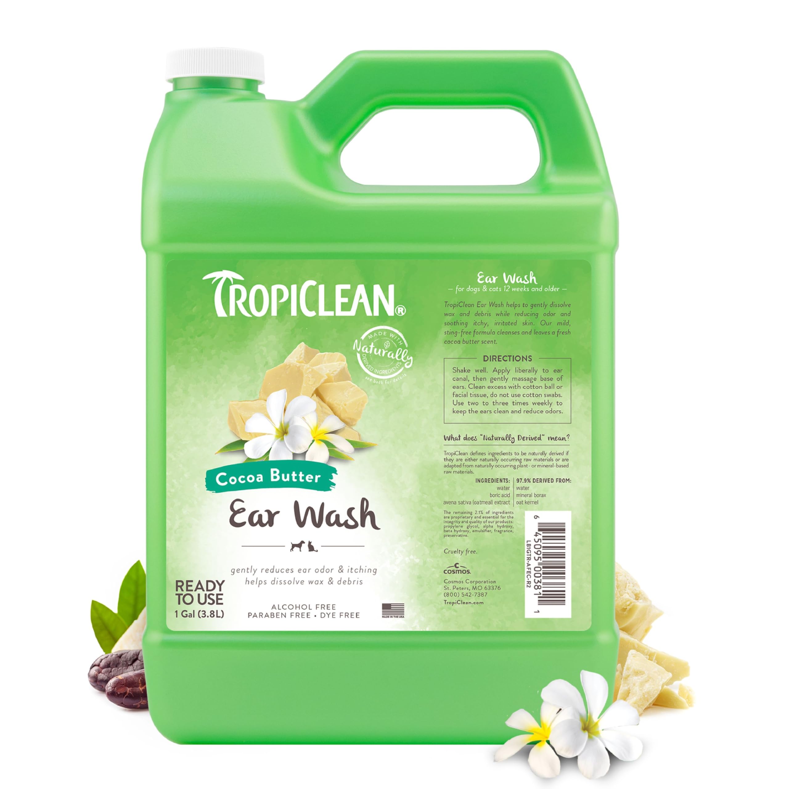 TropiClean Cocoa Butter Ear Wash for Dogs & Cats | Alcohol Free Dog Ear Cleaner Solution | Pet Ear Wash Derived from Natural Ing