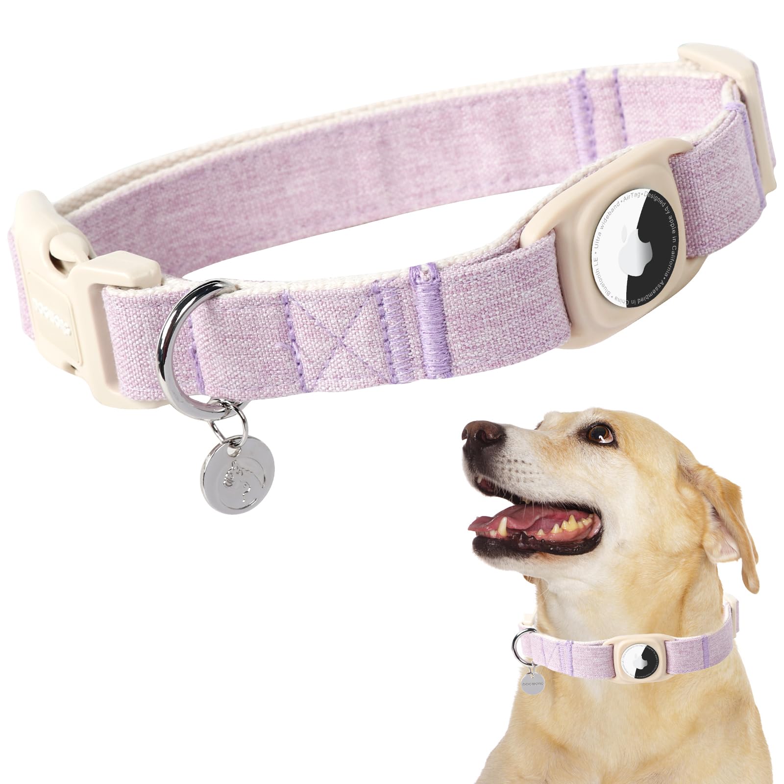 Dogwong Airtag Cotton Hemp Dog Collar, Heavy-Duty With Airtag Holder, Purple, Natural Fabric, Cute Puppy Necklace For Small To L