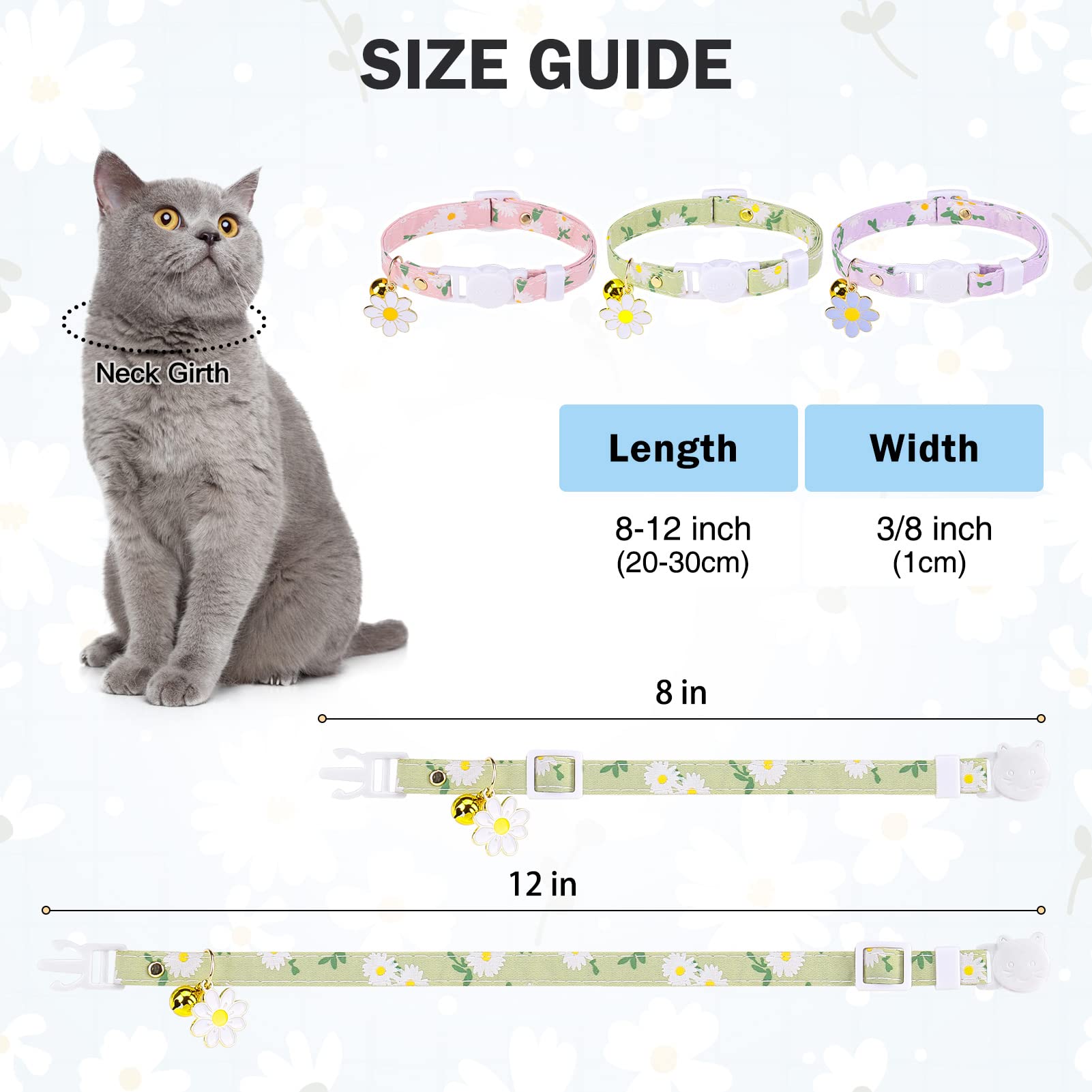 Dillybud 3 Pack Breakaway Cat Collars With Bell- Daisy Pendant Spring Cat Collar For Girl Boy Cats With Safety Buckle- Cute Kitt