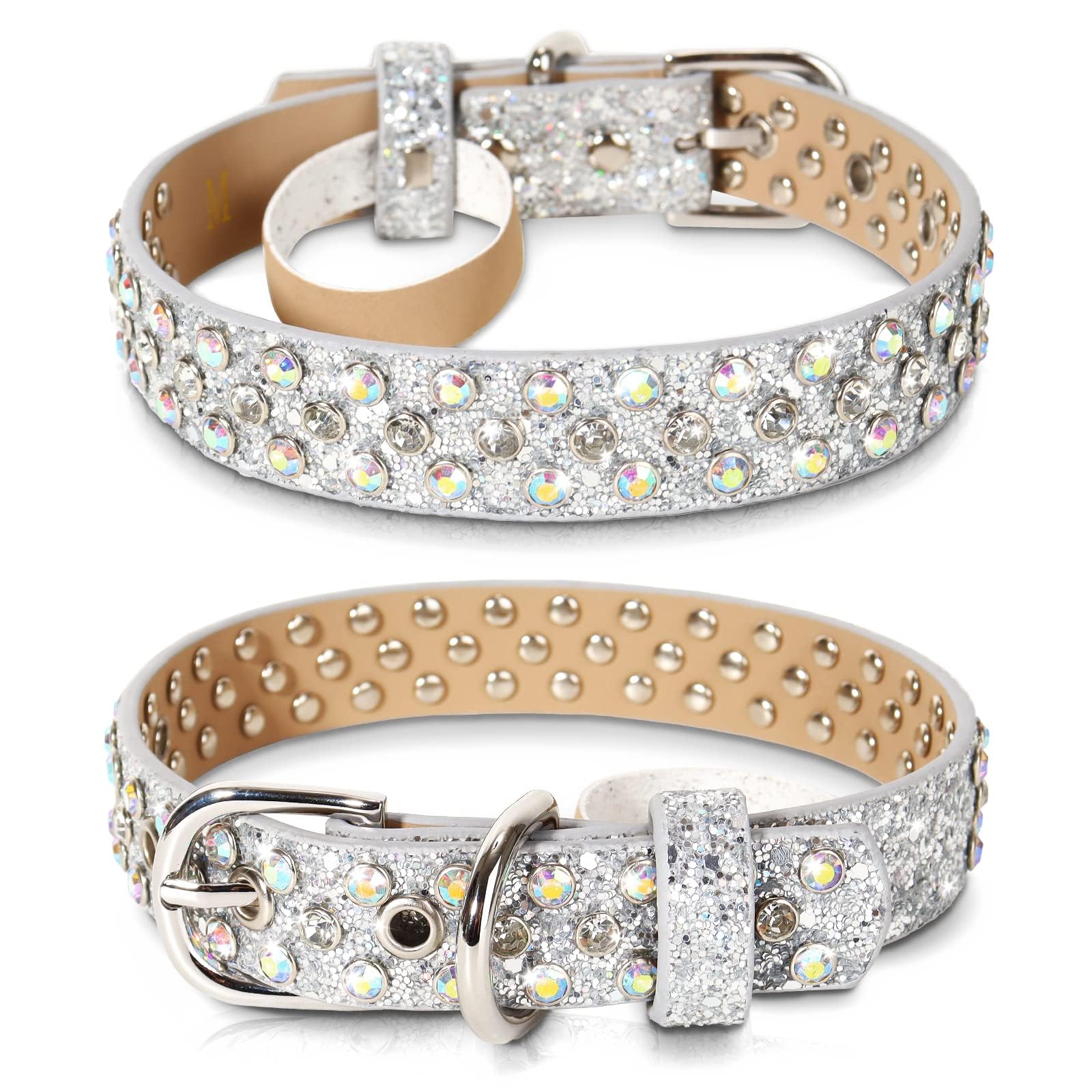 Octbersieg Rhinestone Dog Collar - Silver Bling With Sparkly Diamonds For Small, Medium & Large Dogs