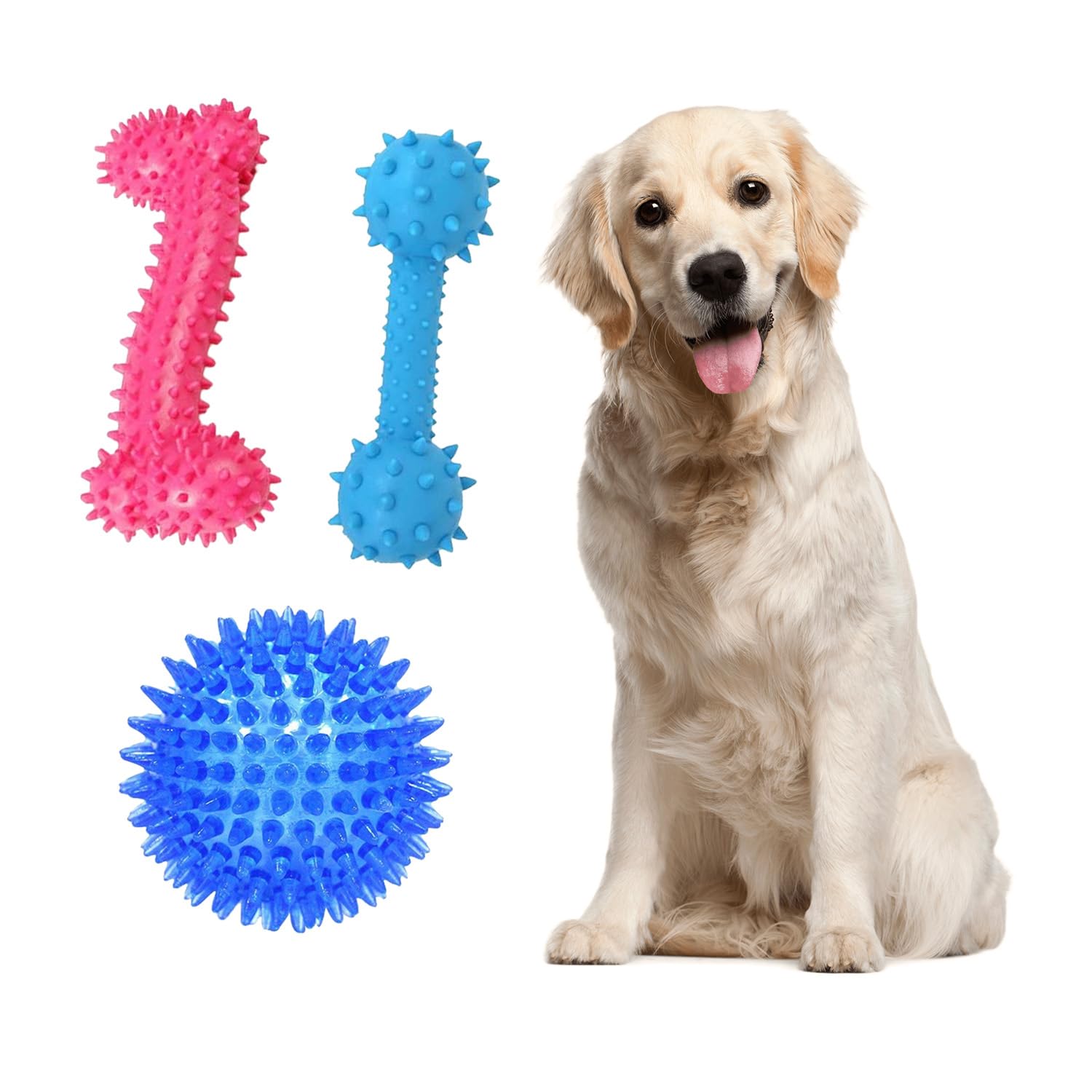 Pawbabas 3 In 1 Dog Toy Combo Pack | Pink Bone Chew Toy + Blue Spiky Dumbbell + Squeaky Jumping Spiky Ball | Durable, Fun And Sa