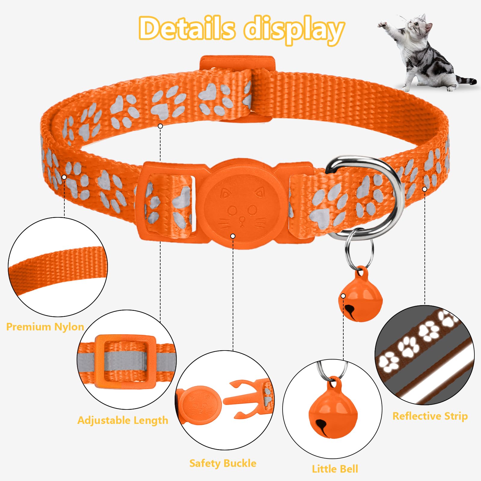 Taglory Reflective Cat Collars Breakaway With Bell, 2 Pack Girl Boy Pet Kitten Collar Adjustable 6-8 Inch, Orange