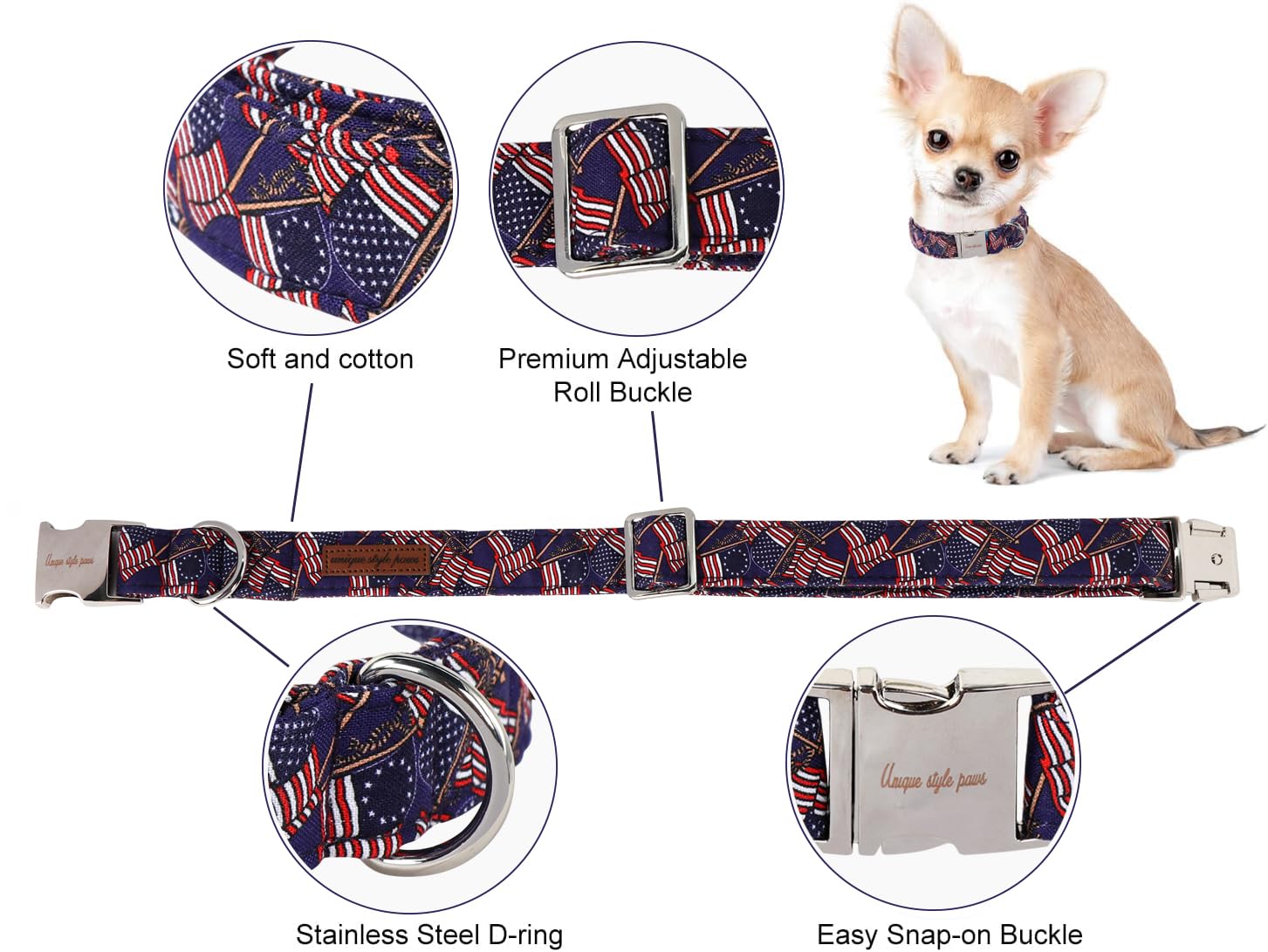 Patriotic Dog Collar, Unique Style Paws 4Th Of July Dog Collar, Blue American Stars Puppy Collar Adjustable Independence Day Col
