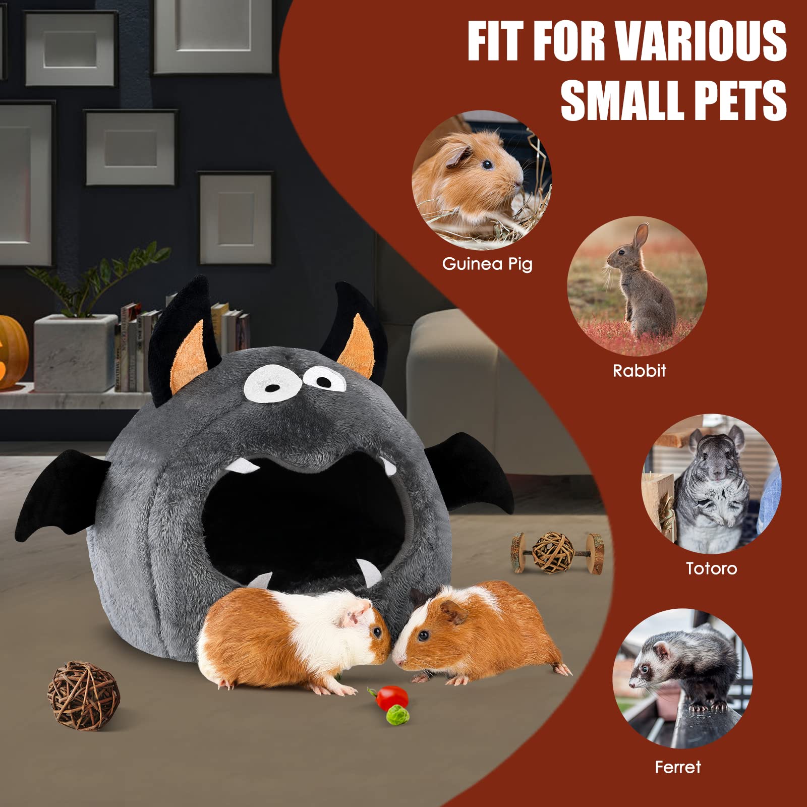 Oneju Guinea Pig Bed, Guinea Pig Hideout, Rabbit Bed, Bunny Hideout, Guinea Pig Cage Accessories For Guinea Pig, Small Bunny, Hamster, Chinchilla, Small Rabbit And Other Small Pets - Bat Shape