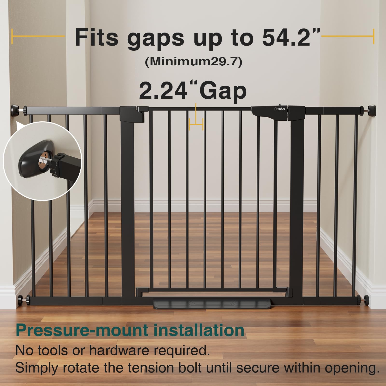 Cumbor 29.7-54.2' Wide Baby Gate For Stairs, Mom'S Choice Awards Winner-Self Closing Dog Gate Indoor For Doorways, No Drilling Pressure Mounted Pet Gates For Kids, Easy Walk Through Safety Gate, Black