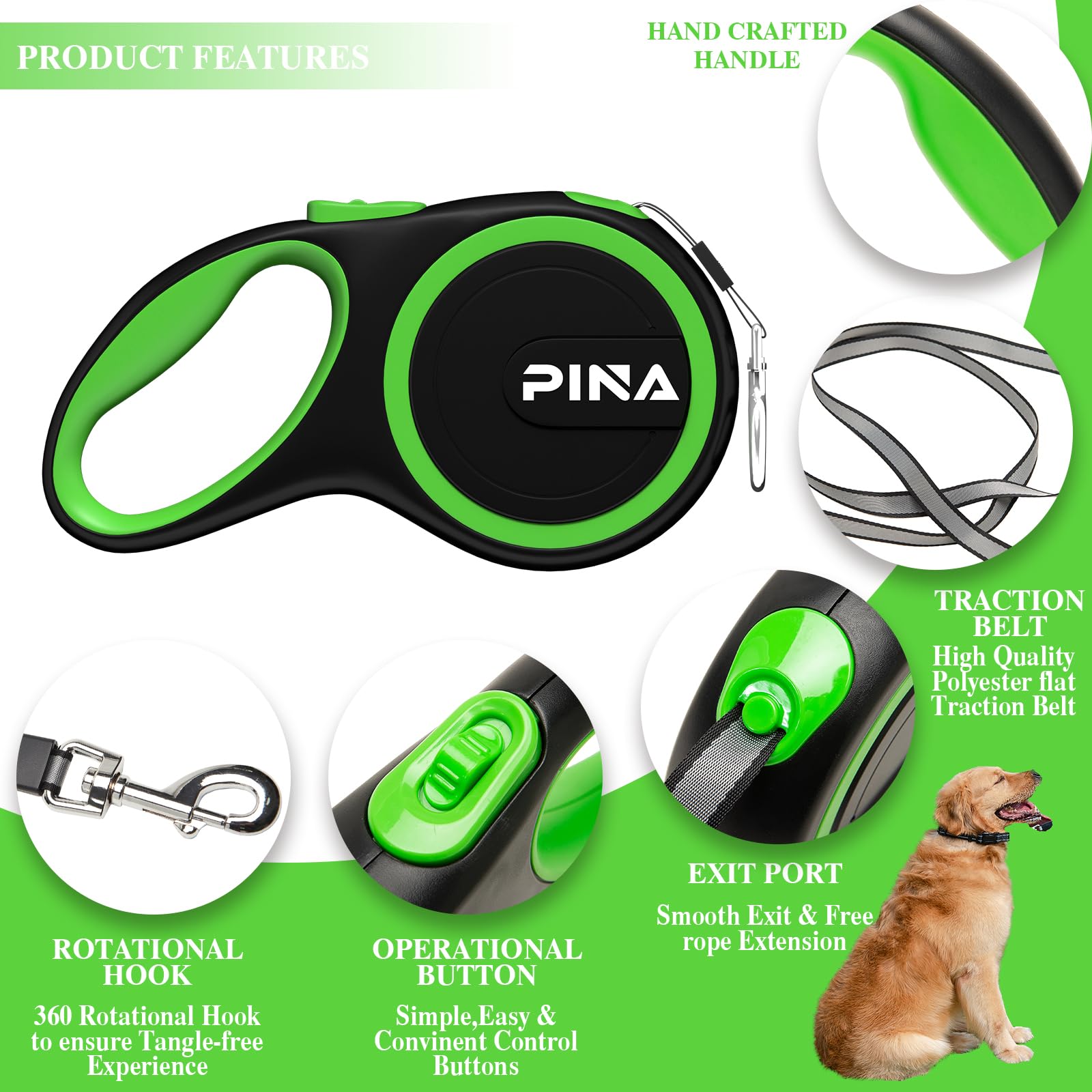 Pina Retractable Dog Leash, 16Ft Dog Leash For Small Medium Dogs Up To 44Lbs, 360 Tangle-Free Strong Reflective Nylon Tape, With
