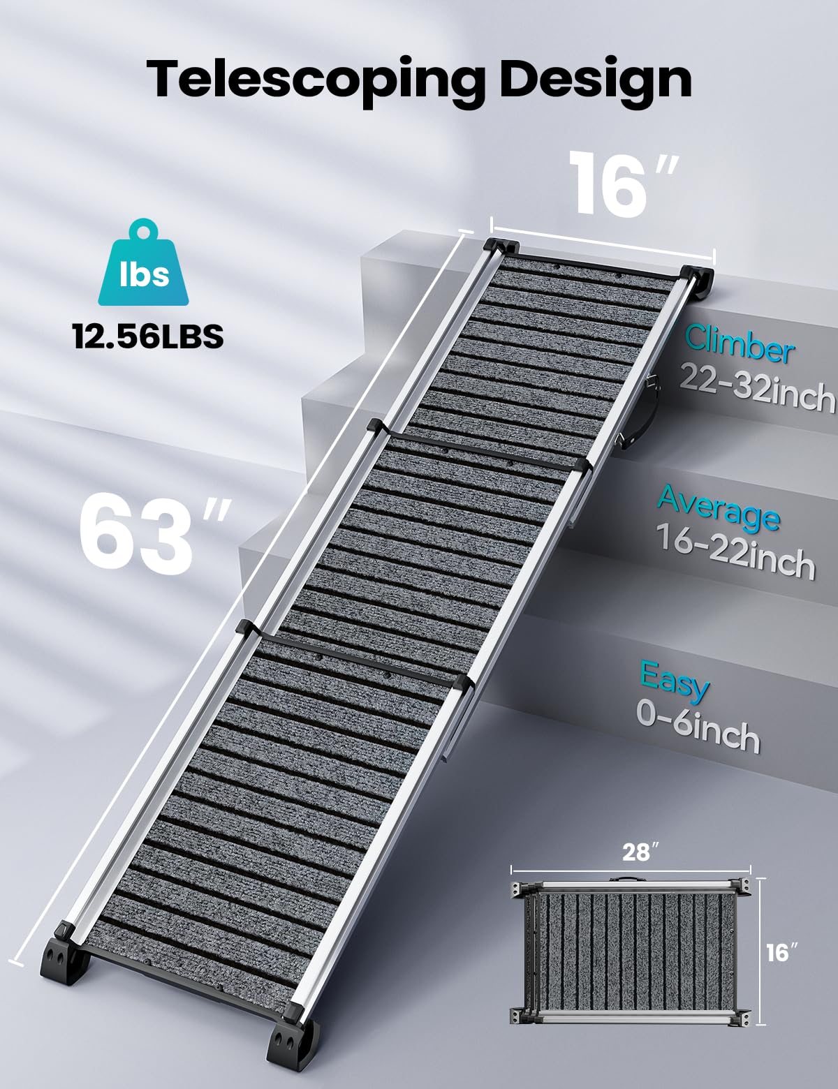 Kolotool Dog Ramp For Car 63'' L X 17'', Telescoping Portable Pet Ramps 440Lbs Capacity With Non-Slip Surface For Small Medium D