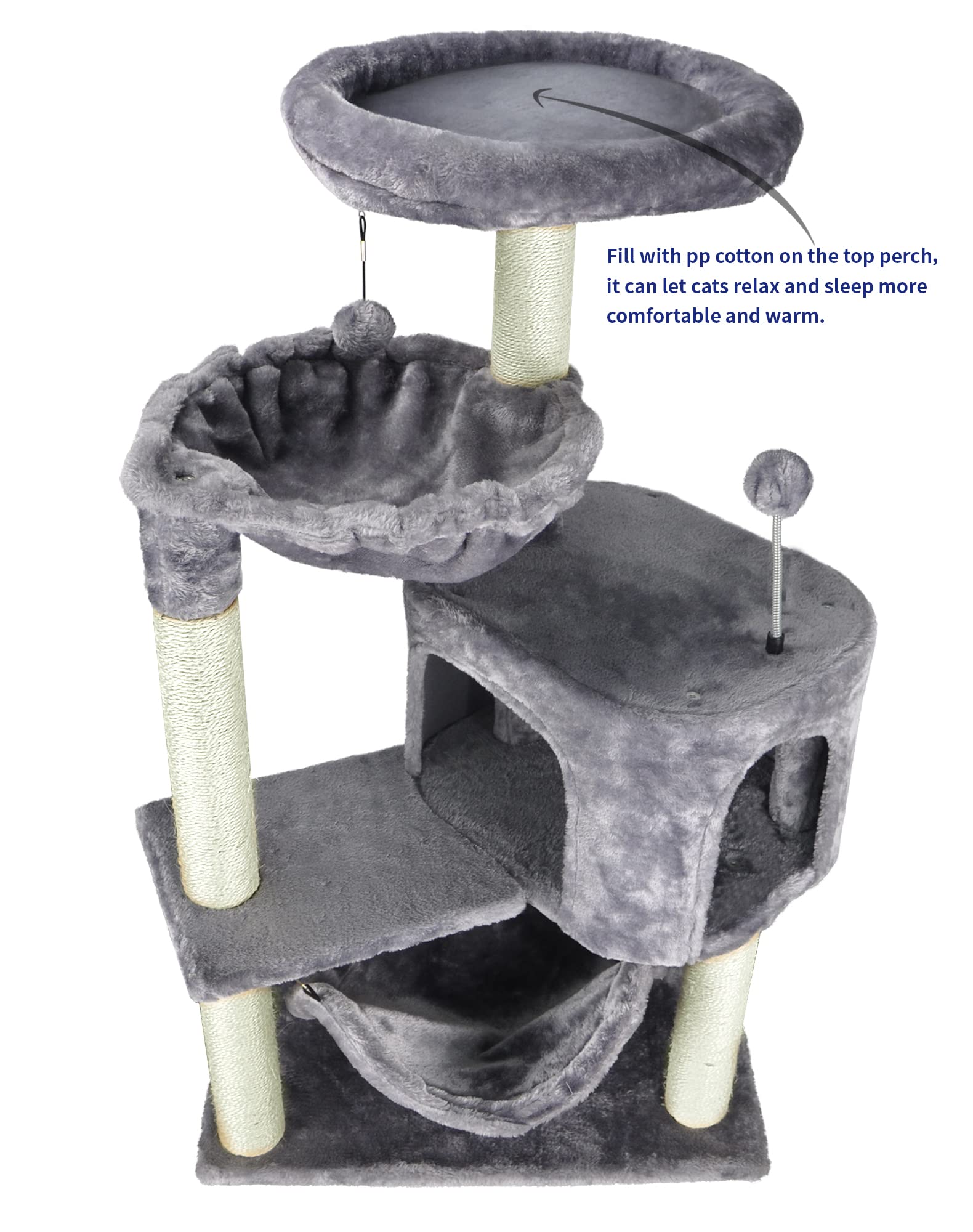Newest Cat Tree With Cat Condo And Big Hammock，Grey