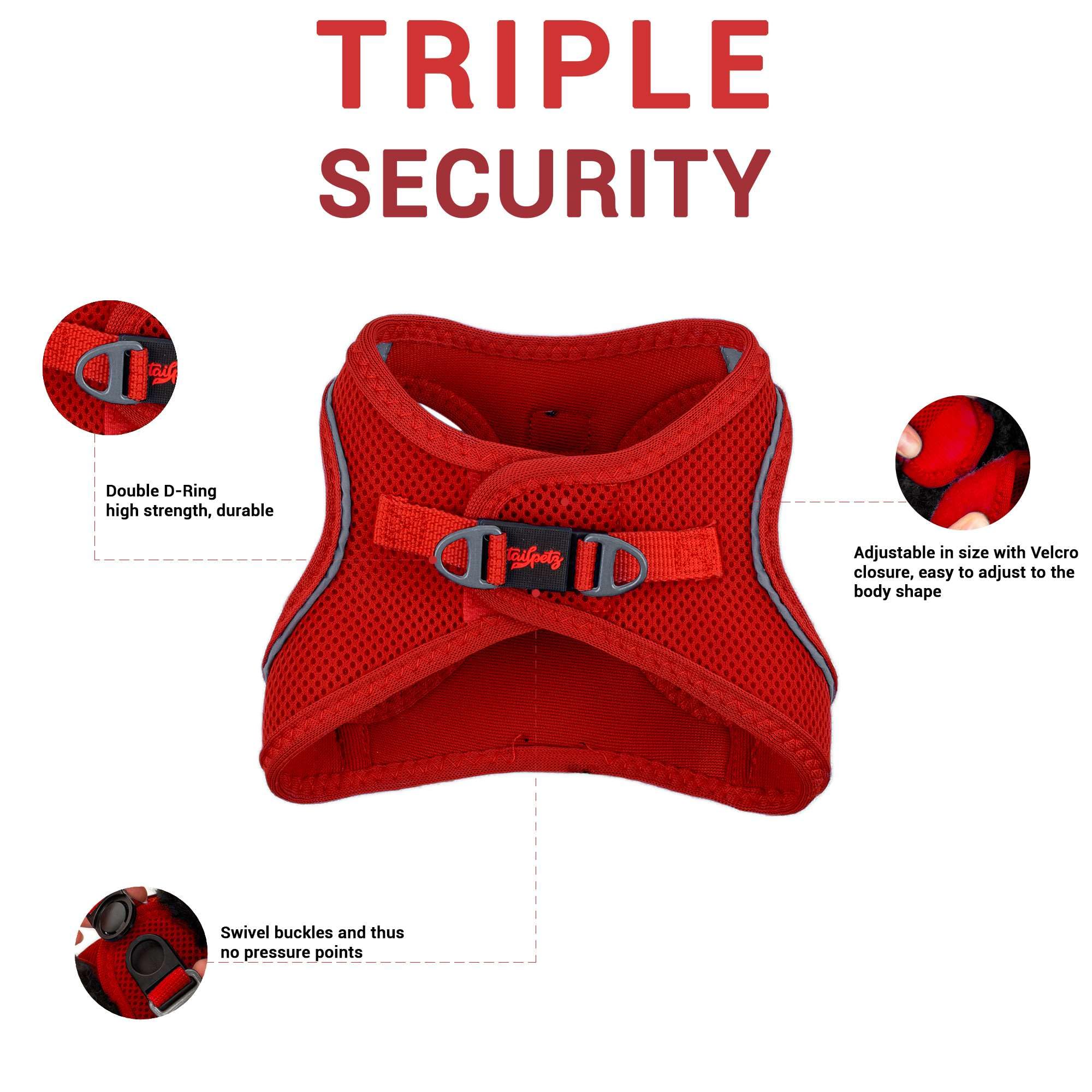 Tailpetz Red Adjustable Step-in Dog Harness, No Pull Vest for Large Dogs, Reflective, L (Chest: 23.5"-25")