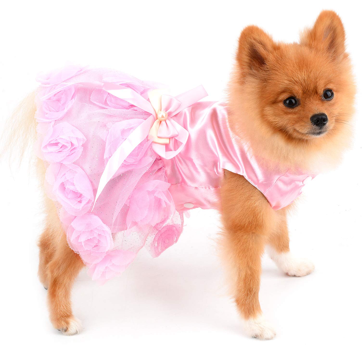 Paideful Pet Dress For Small Dog Girls Luxury Puppy Wedding Dress Rose Flower Lace Tutu Skirt Silky Bow Birthday Party Dog Clothes,Pink,Size Xs