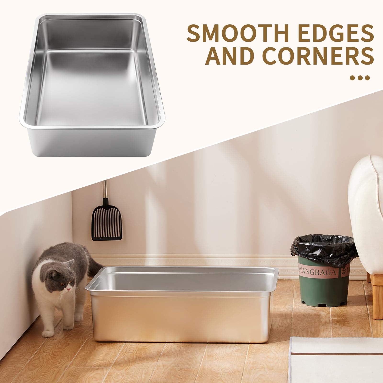Yangbaga Extra Large Stainless Steel Litter Box, 28 X 20 X 8 Ultimate Metal Cat Litter Box With High Sides, Sturdy Long-Lasting