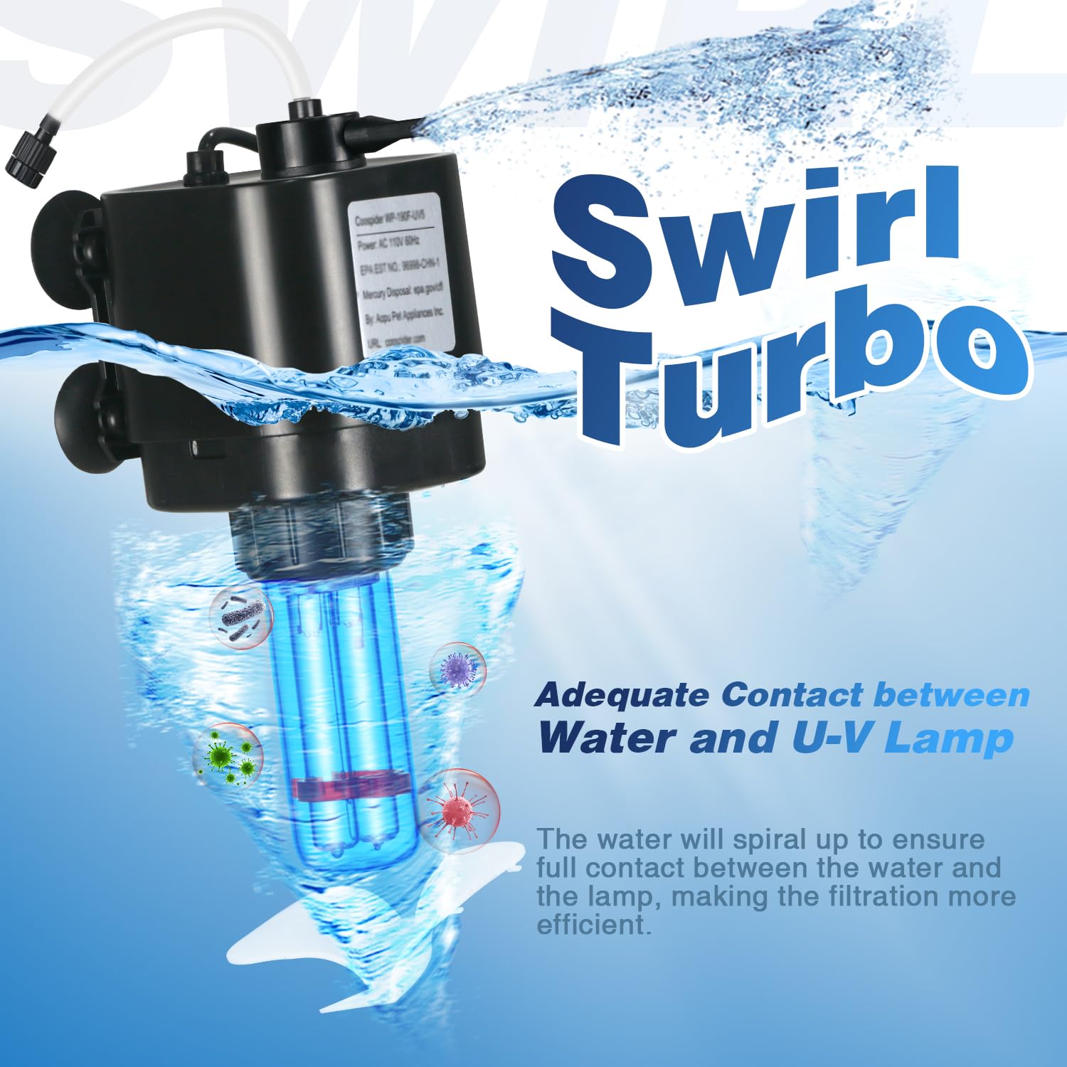 Aquarium U-V Filter For 10-40 Gal, 132 Gph Swirl Turbo Design Submersible Internal Turtle Fish Tank Filter W/Timer, Quiet Power