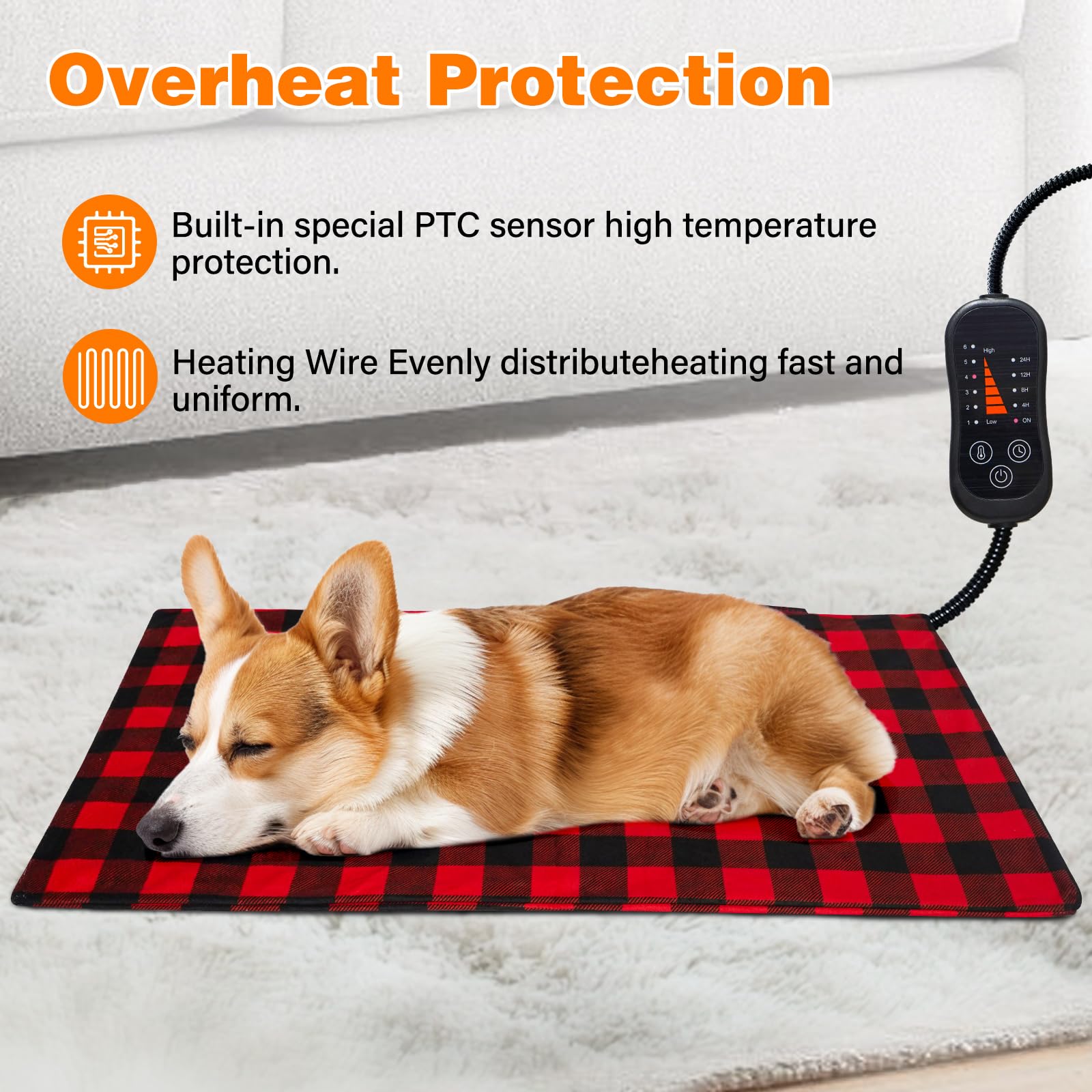 Pet Heating Pad, Adjustable Temperature Heated Dog Bed With Timer, Outdoor Waterproof Heated Pad With Anti-Chew Cord, Overheat P