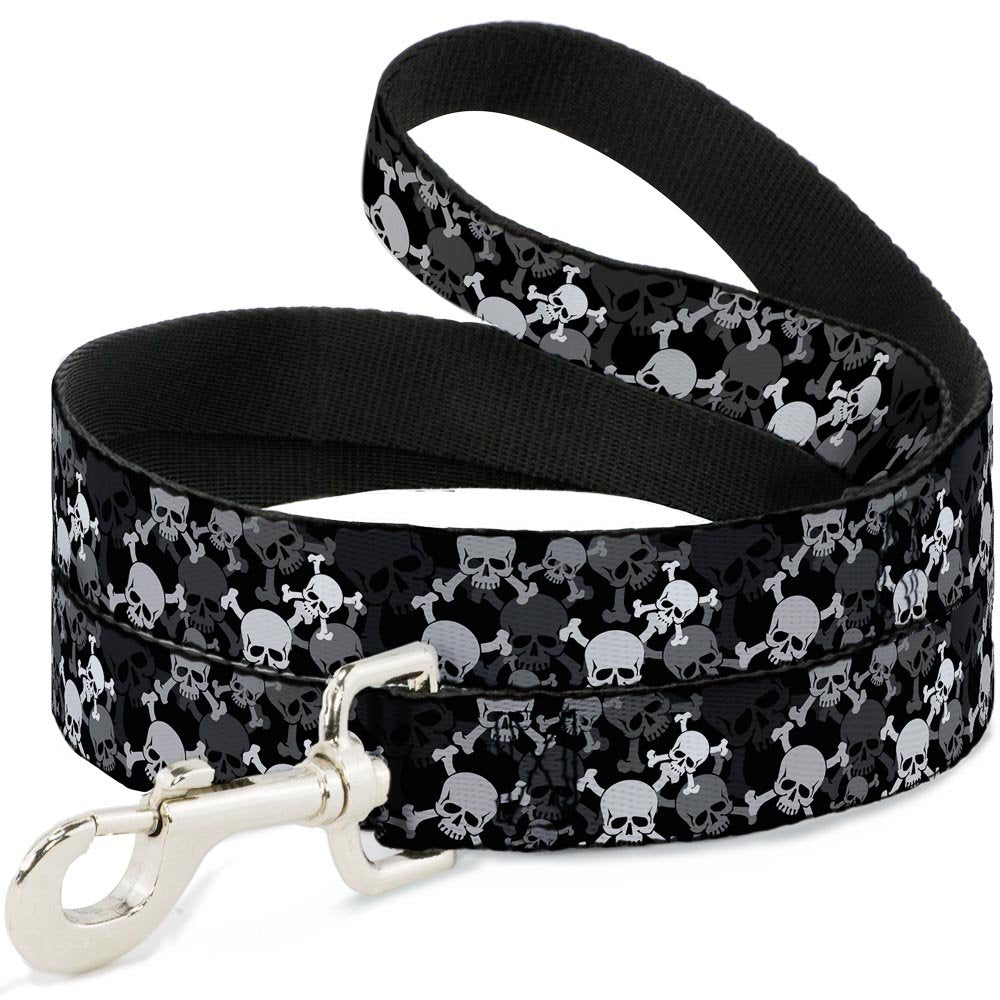 Dog Leash Top Skulls Stacked Black Gray White 4 Feet Long 0.5 Inch Wide