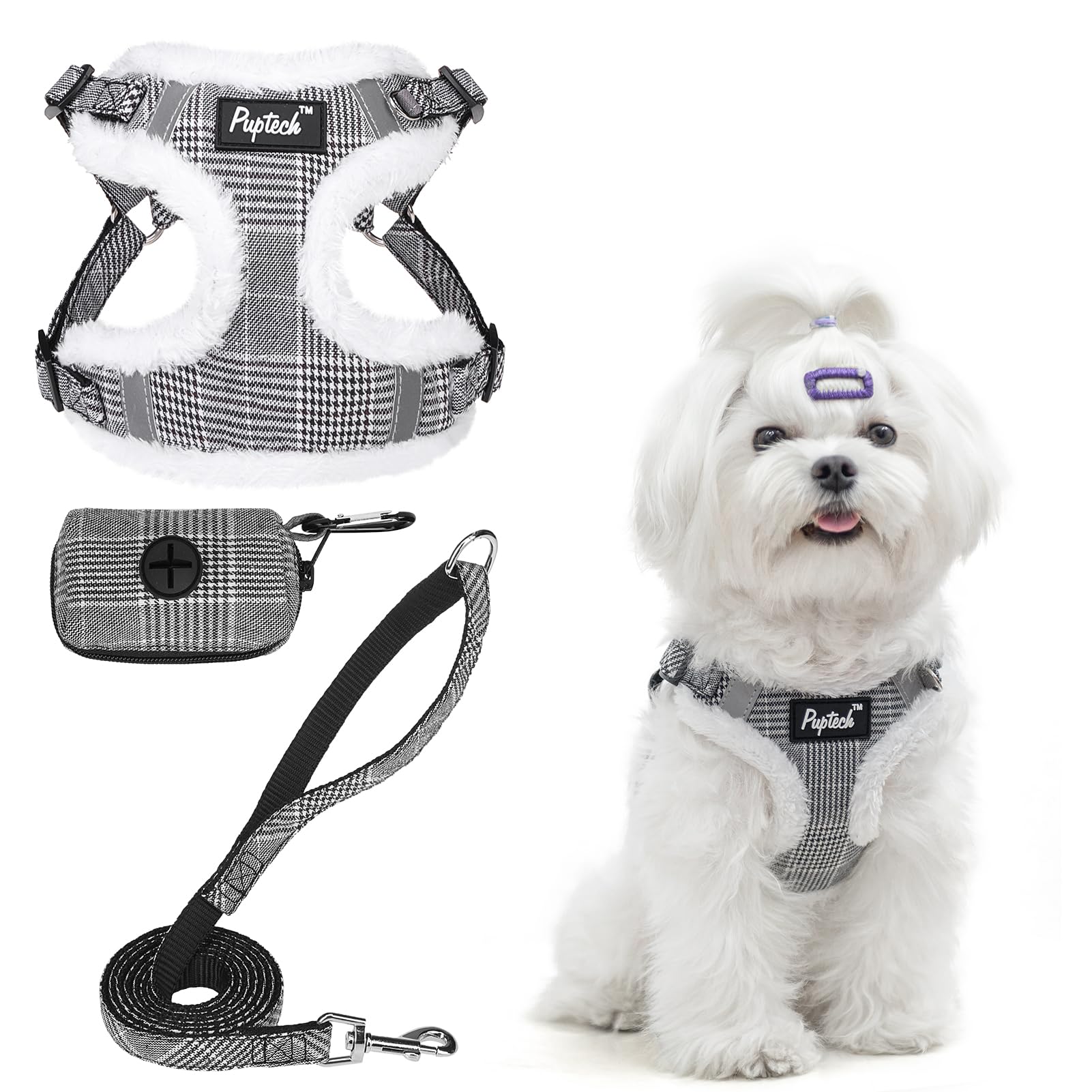 PUPTECK No Pull Dog Harness and Leash Set Reflective No Choke Step in Puppy Halter for XS Small and Medium Sized Dogs, Grey Plai