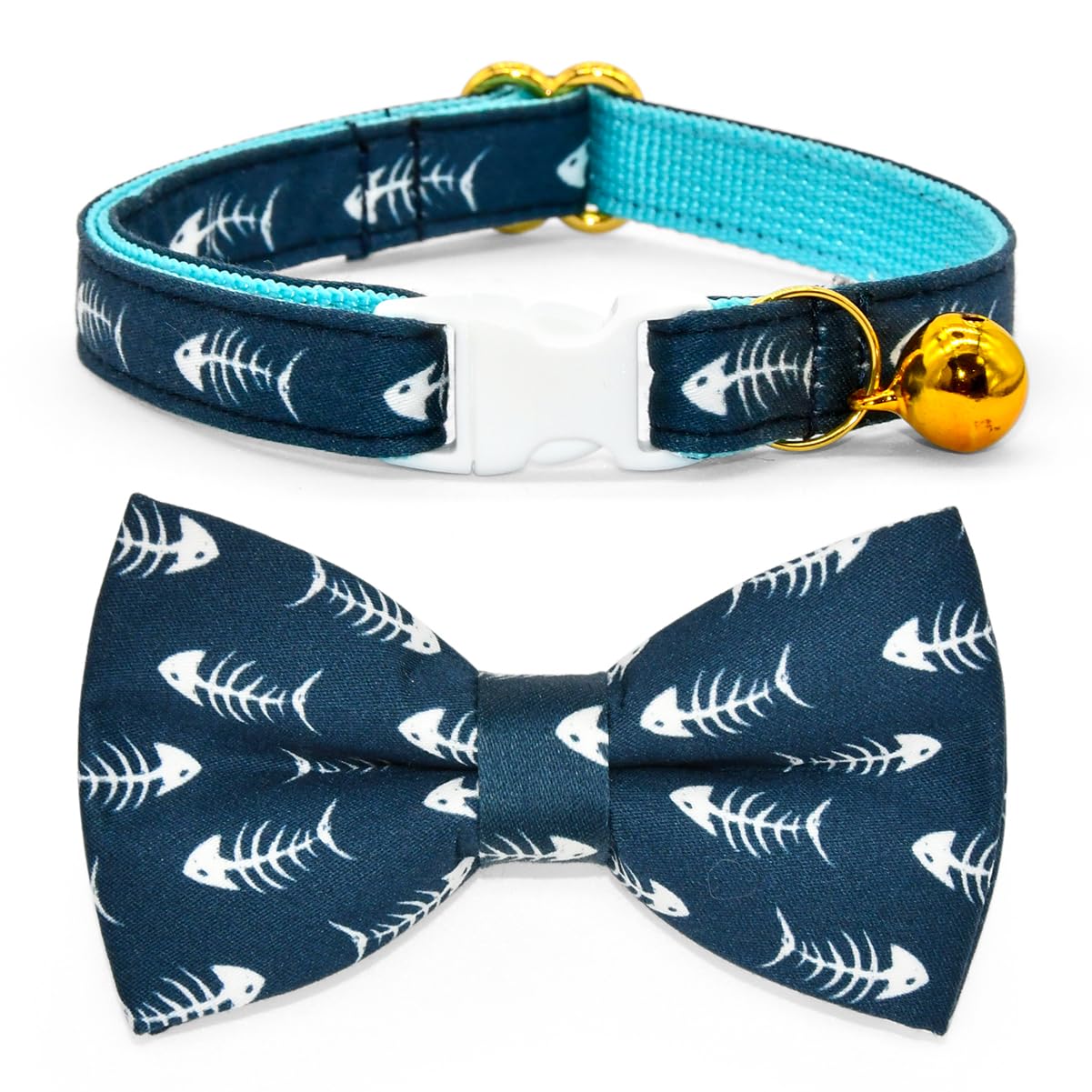 Fish Bone Cat Collar Bow Tie, Breakaway Safety Collar, Wedding/Birthday Cat Accessories, Adjustable Bowtie, Removable Jingle Bel