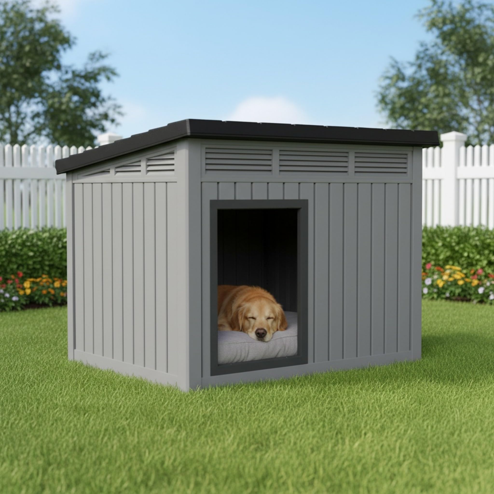 Large Dog House for Indoor & Outdoor Use, Weatherproof Resin Shelter with Removable Roof, Spacious Kennel for Medium to Large Do