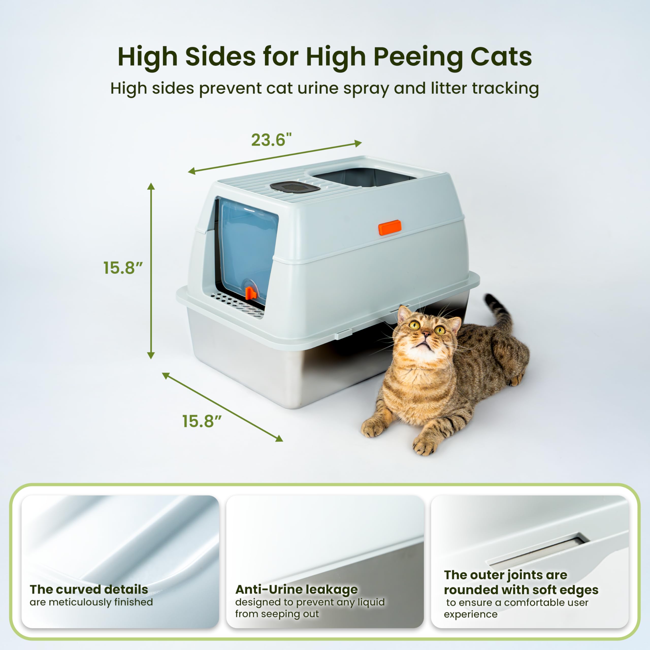 Cattasaurus Stainless Steel Xl Cat Litter Box With Lid For Large Cats Up To 40Lbs, Removable Kitty Litter Box Enclosure, High Si