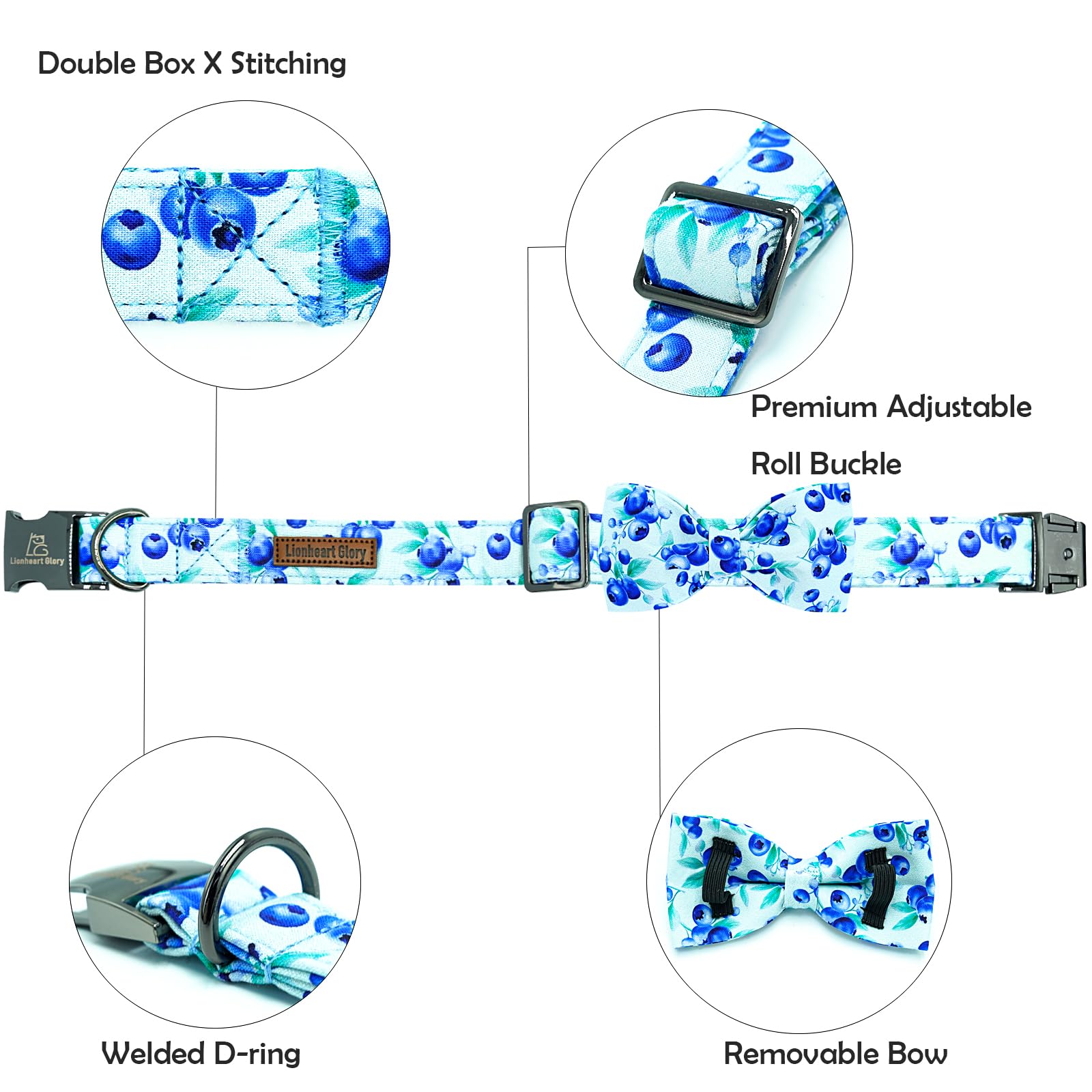 Lionheart Glory Dog Bow Collar Blueberries Print Collars For Medium Dogs, Spring Summer Cute Duty Adjustable Dog Collar With Bow