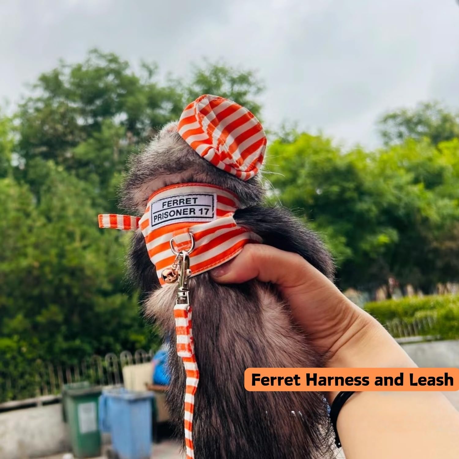 Ferret Harness And Leash - Adjustable Soft Cotton Small Pet Harness With Safe Bell, No Pull Comfort Padded Vest For Ferret, Guinea Pigs, Chinchilla And Similar Small Animals (Orange)