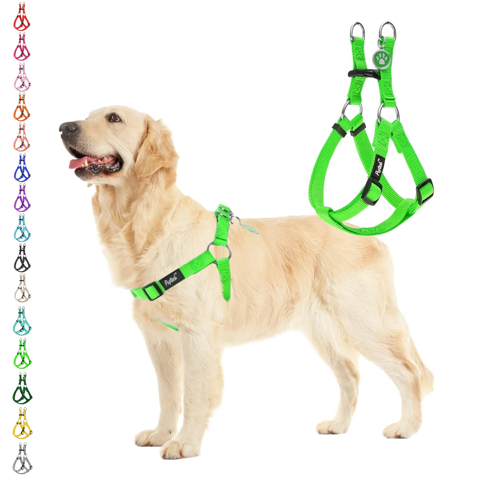 Pupteck No Pull Dog Harness Soft Adjustable Basic Nylon Step In Puppy Vest Outdoor Walking With Id Tag, Green, L