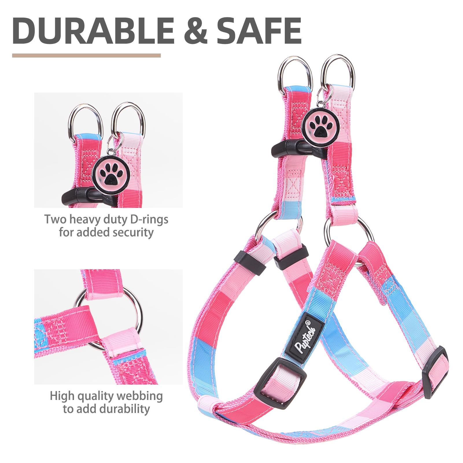 Pupteck No Pull Dog Harness Soft Adjustable Basic Nylon Step In Puppy Vest Outdoor Walking With Id Tag, Striped Pink, S
