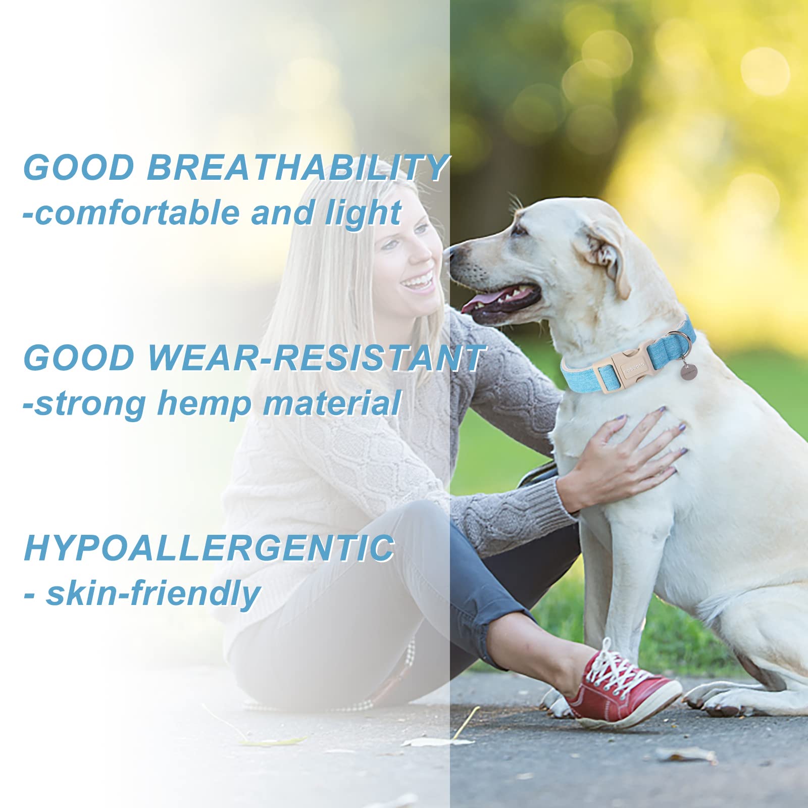 Dogwong Cotton Hemp Dog Collar, Heavy-Duty Blue Dog Collar Adjustable Soft Natural Fabric Cute Wedding Puppy Necklace For Small