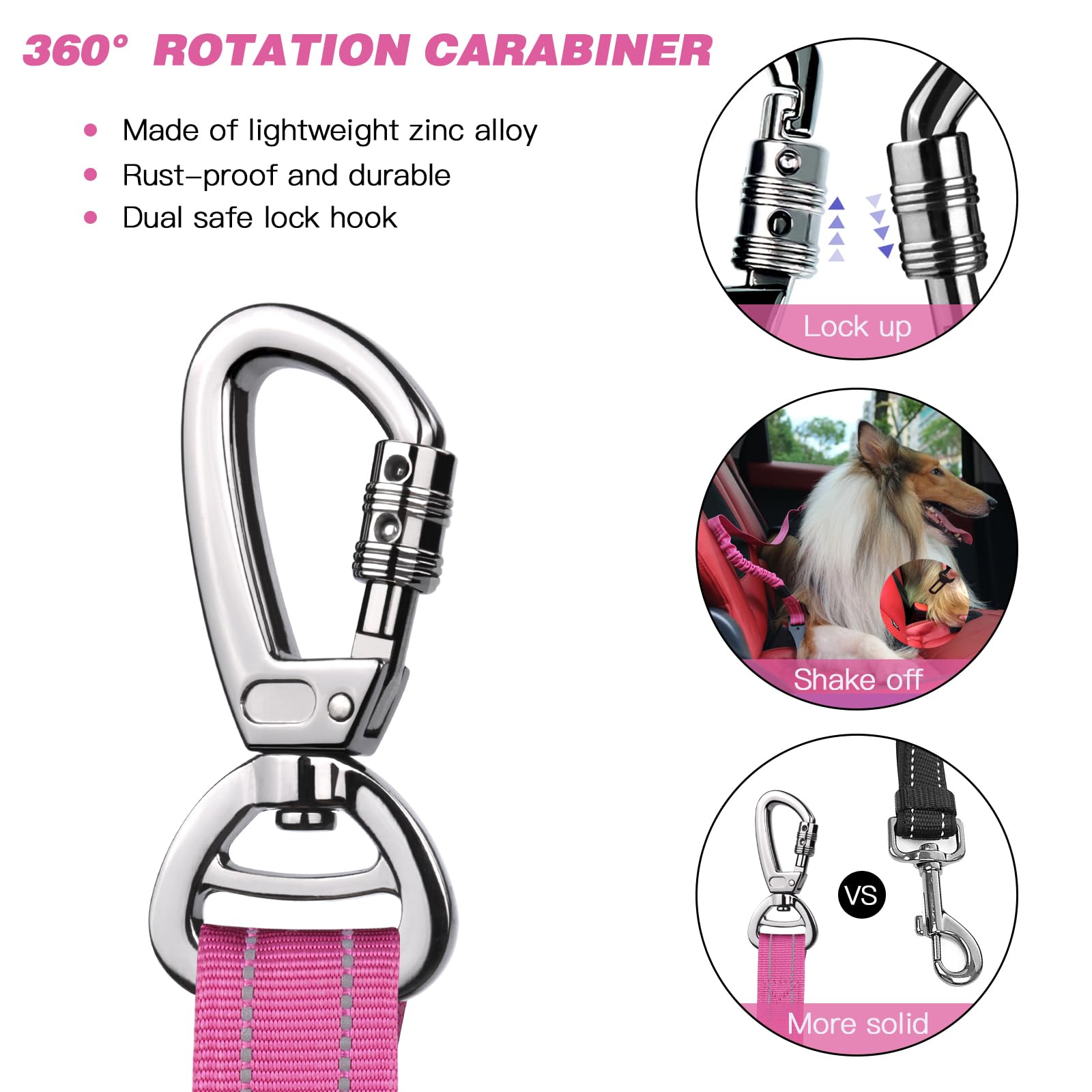 Aubell Dog Seat Belt For Car,2 Pack Set 3-In-1 Adjustable Reflective Bungee Heavy Duty Dog Car Harness Tether With Clip Hook Lat