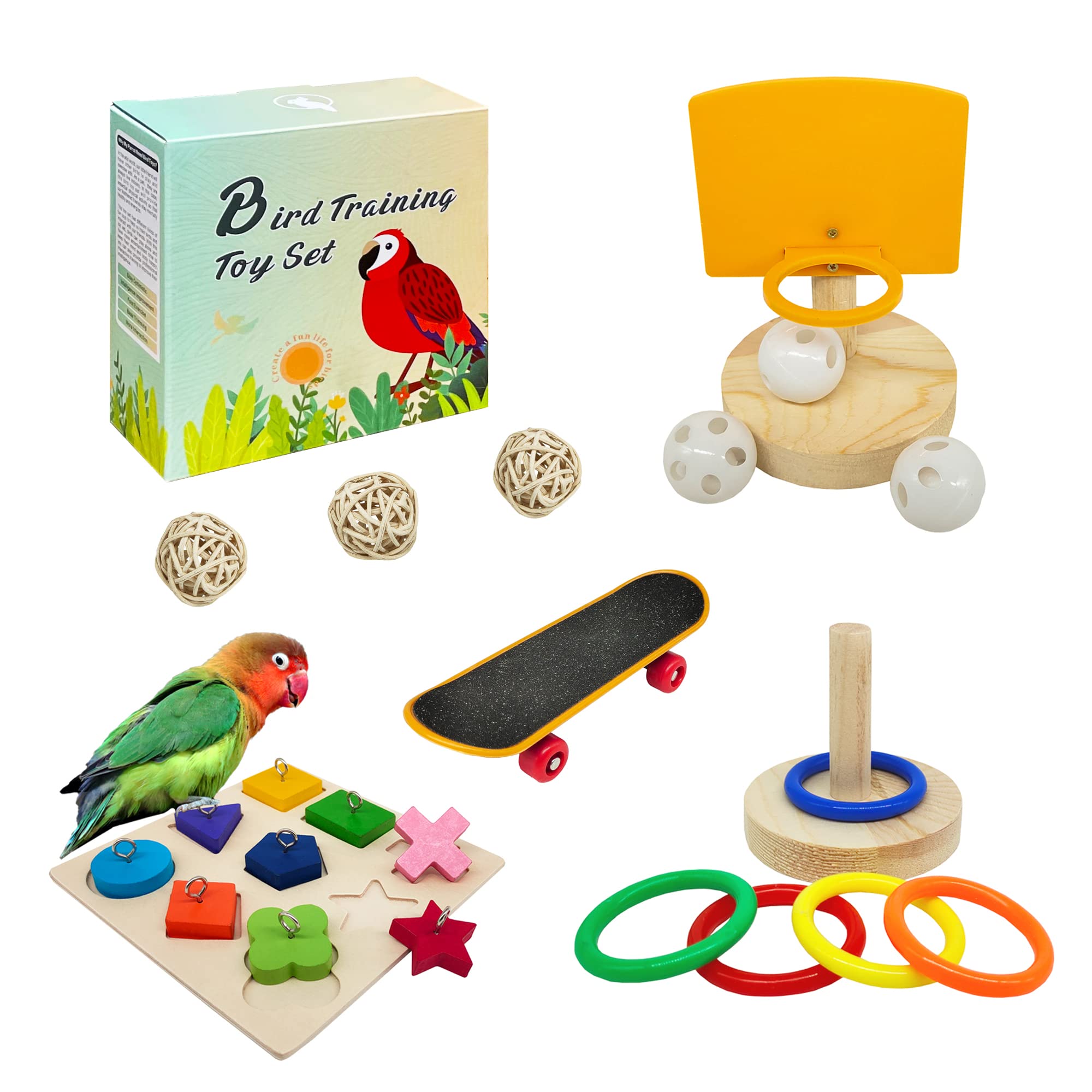 Bird Toys For Parakeets,5pcs Parrot Toys Set (Include Bird Basketball Toy?Bird Skateboard?Bird Stacking Toy?Parrot Wooden Block 