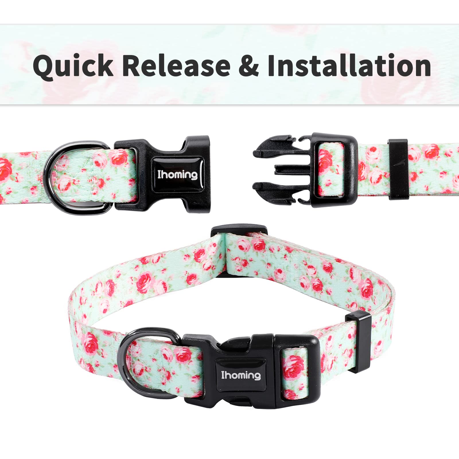 Ihoming Dog Collar And Leash Set For Daily Outdoor Walking Running Training, Floral Greenlake Design For Medium Boys Girls Dogs
