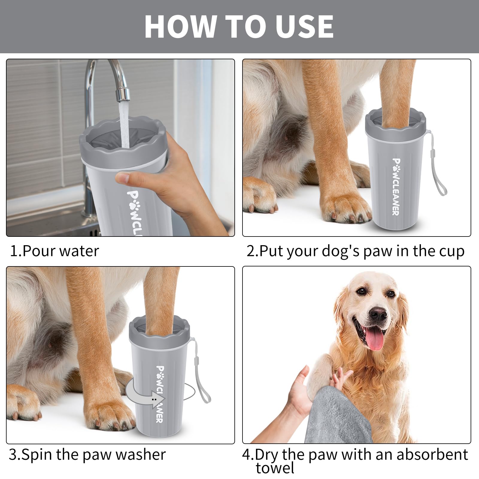 Comotech Dog Paw Washer With Bath Brush - Large, Grey (With 3 Absorbent Towels, Adjustable Handle For Long & Short Haired Dogs)
