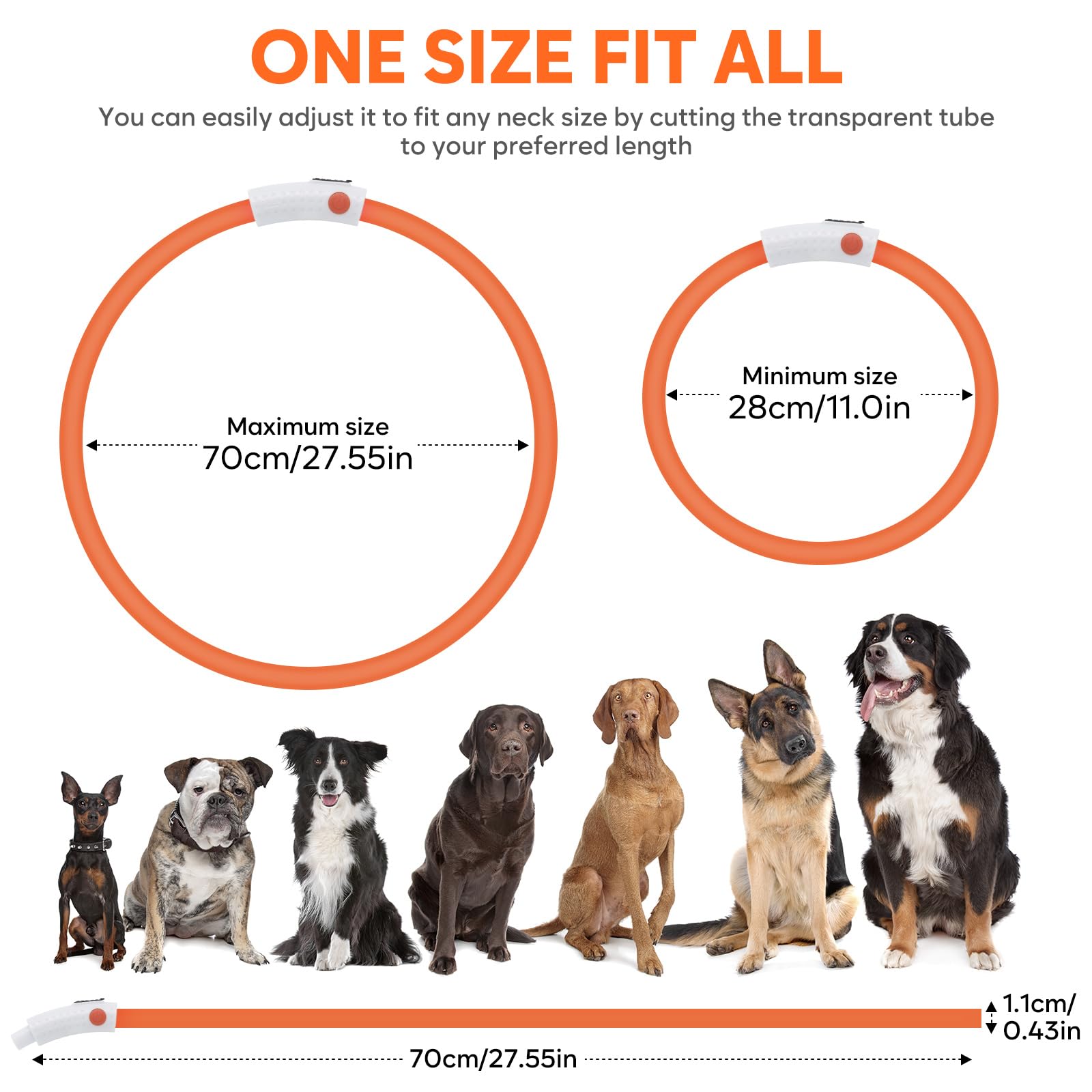 Higo Led Dog Collar, Rechargeable Light Up Dog Collars, Lightweight Silicone Pet Safety Collar Lights For Night Walking (Orange-