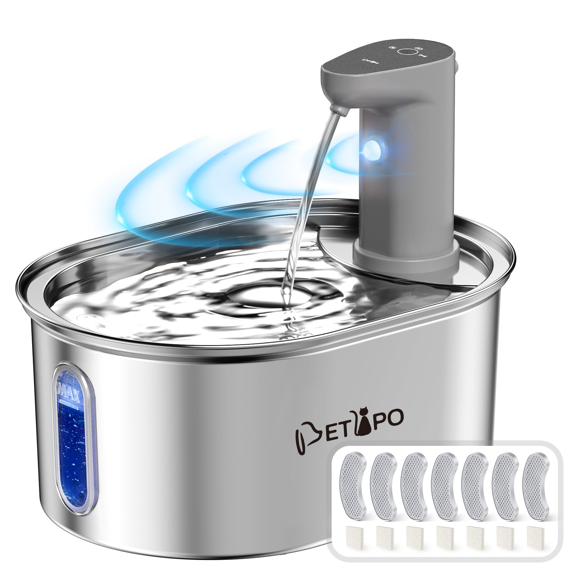 Wireless Cat Water Fountain, 3.2L/108Oz Stainless Steel Pet Water Fountain, Rechargeable Battery Operated Cat Fountain With Moti