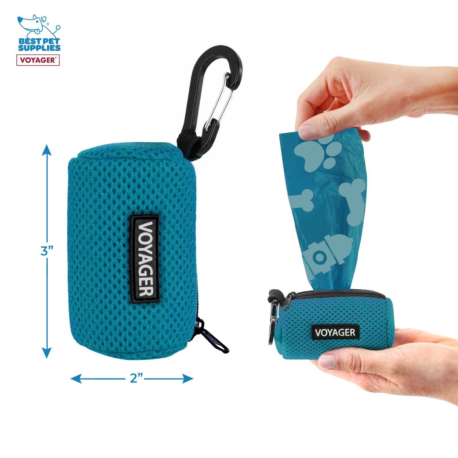 Best Pet Supplies Dog Poop Bag Holder Leash Attachment With 15 Bags, Turquoise, Reusable Mesh Dispenser Pouch For Travel, Walkin