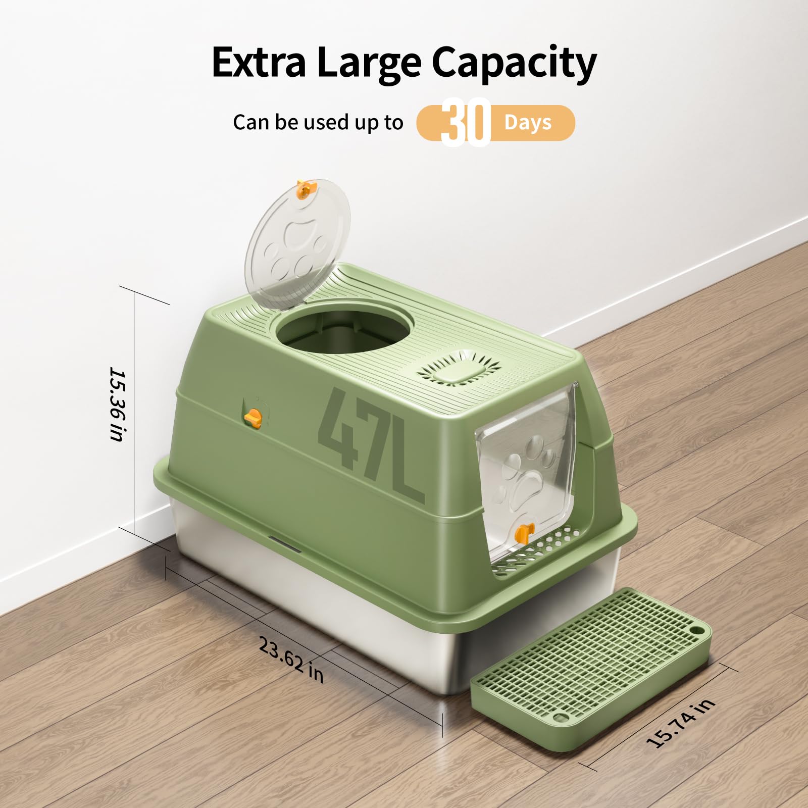 Eosarcu Stainless Steel Cat Litter Box with Lid, XL Large Enclosed High Sided Litter Box with Removable Lid, Carbon Filters -Odo