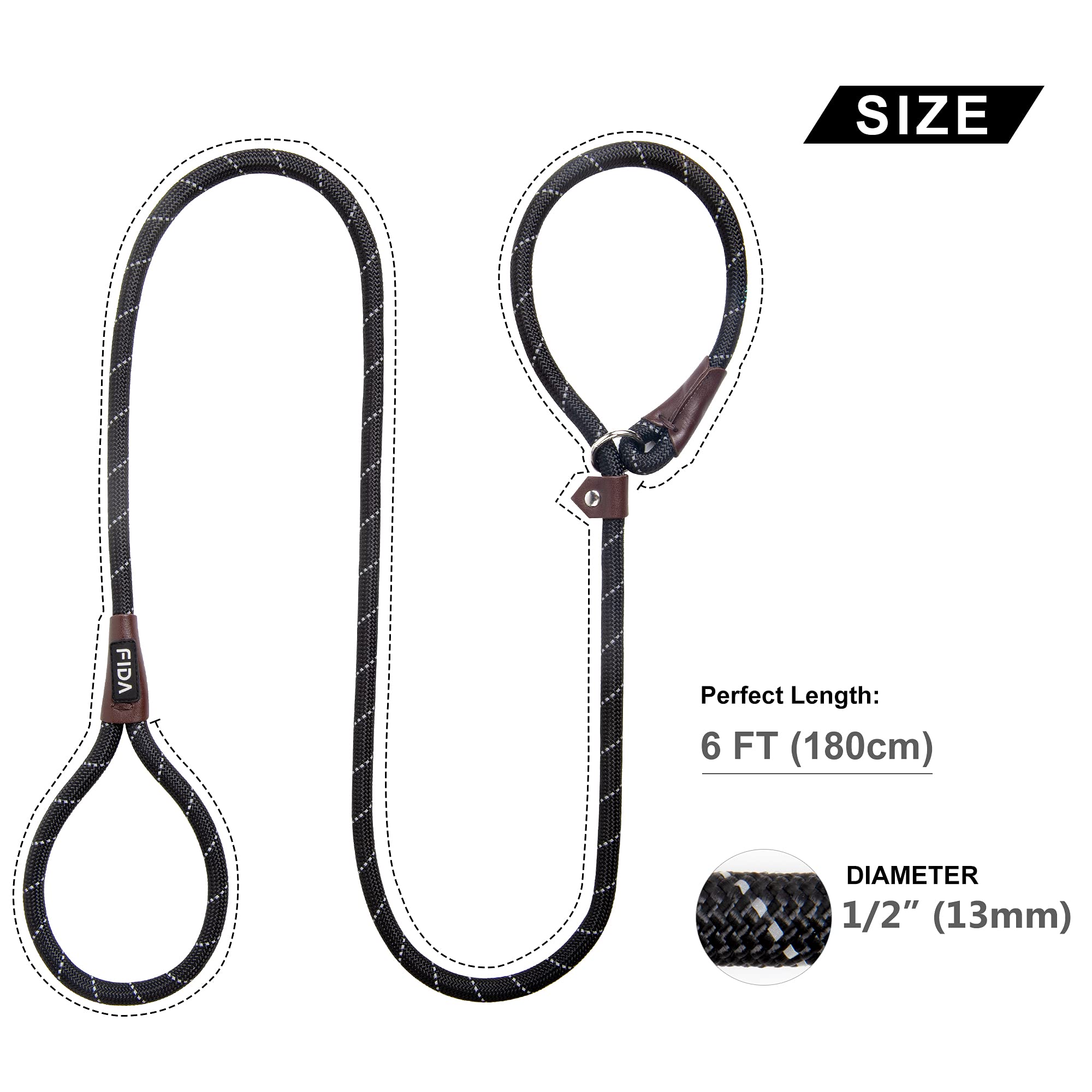 Fida Durable Slip Lead Dog Leash, 6 Ft X 1/2' Heavy Duty Comfortable Strong Rope Leash For Large, Medium Dogs, No Pull Pet Training Leash With Highly Reflective, Black