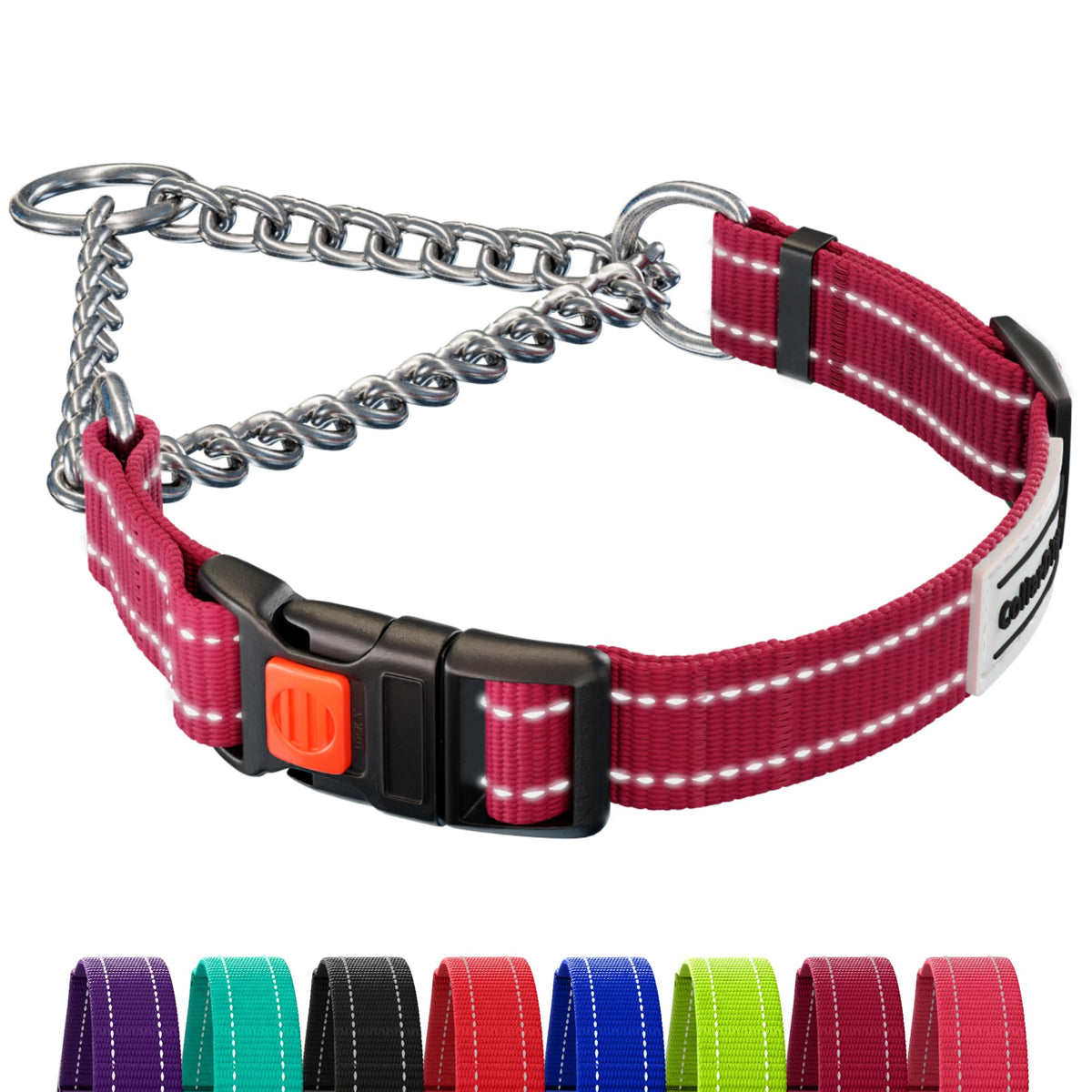 Collardirect Martingale Dog Collar With Stainless Steel Chain And Quick Release Buckle - Reflective Collar For Large, Medium, Small Dogs - Dark Red, Large (Neck Size 17'-22')