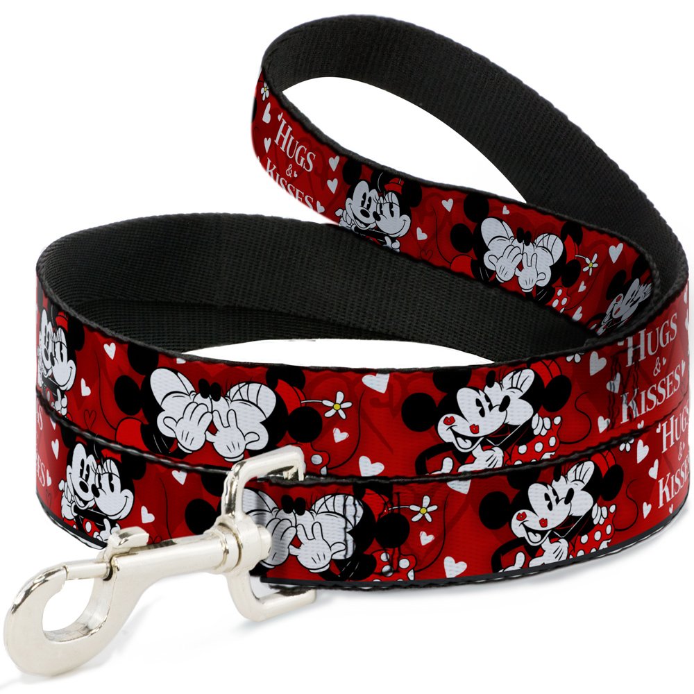 Dog Leash Mickey Minnie Hugs Kisses Poses Reds White 4 Feet Long 1.5 Inch Wide
