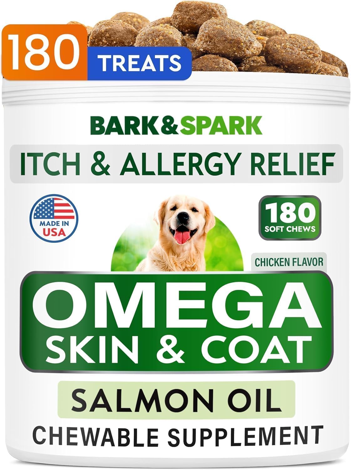 BARK&SPARK Omega 3 for Dogs - 180 Fish Oil Treats for Dog Shedding, Skin Allergy, Itch Relief, Hot Spots Treatment - Joint Healt