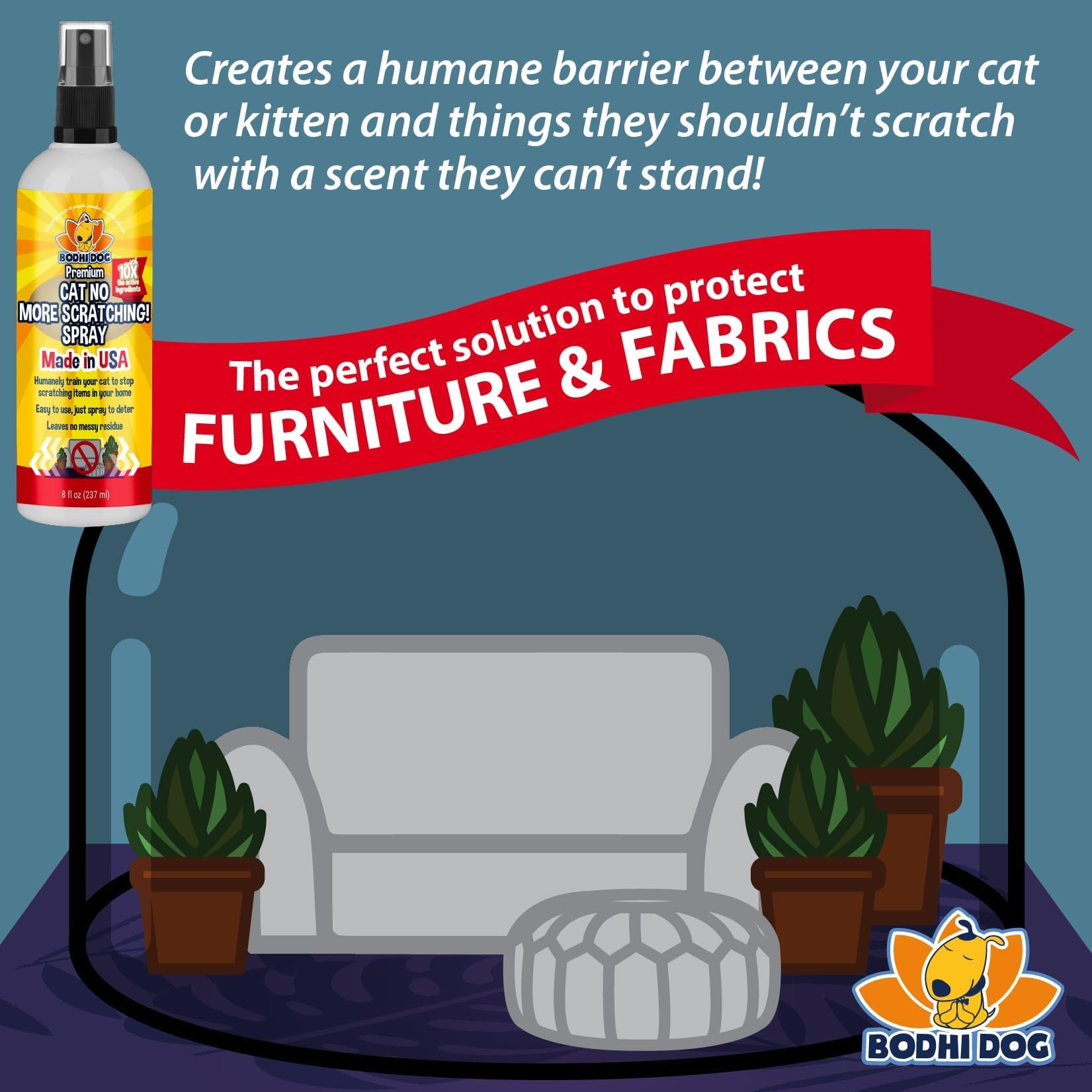 Bodhi Dog No More Scratching! Cat Deterrent Spray, Indoor & Outdoor Repellent W/Essential Oils - Safe & Effective Formula - Prevents Scratches On Furniture, Protects Surfaces - Made In Usa (8 Fl Oz)