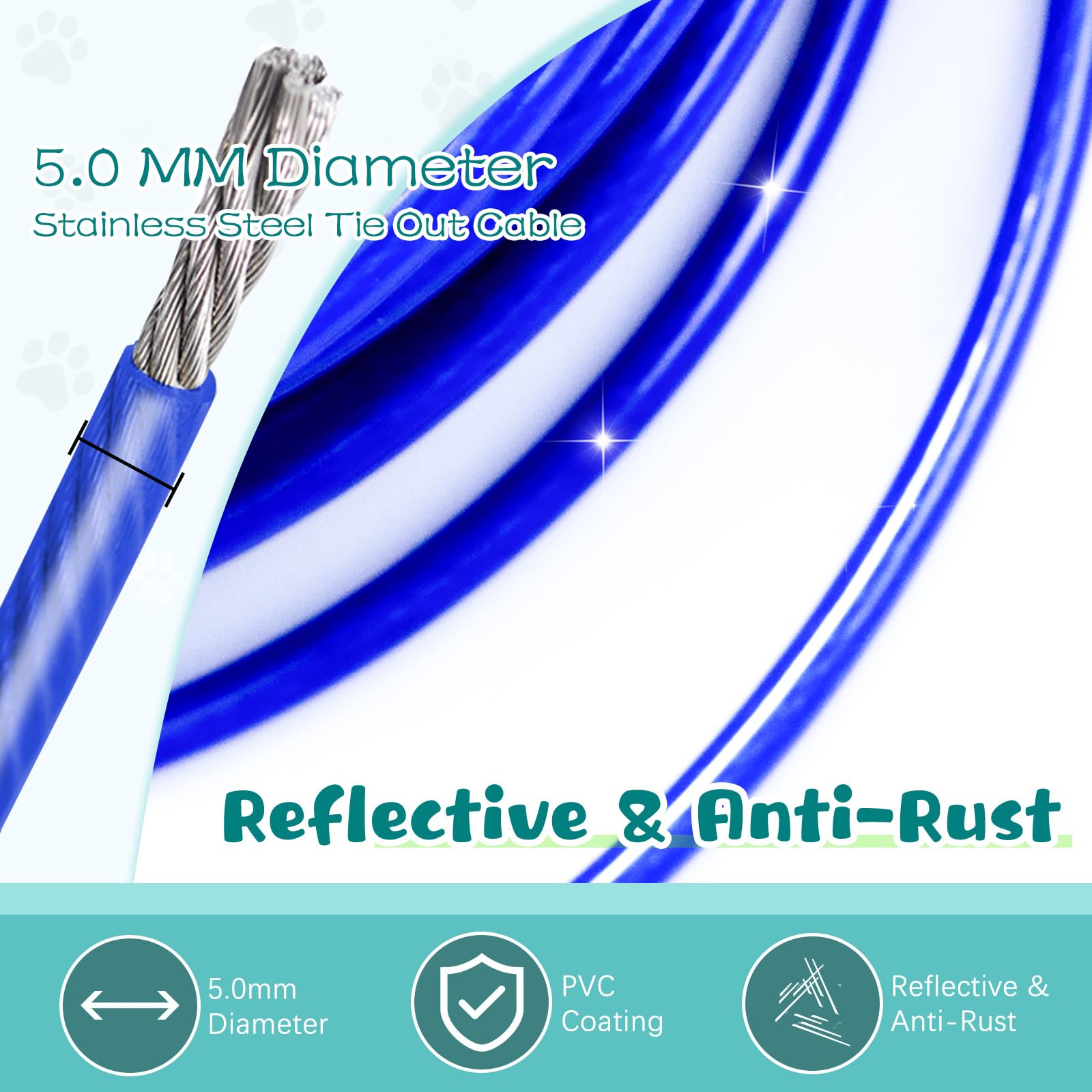 Tie Out Cable For Dogs, 20Ft Dog Leads For Yard Chew Proof, Heavy Duty Dog Tie Out Cable For Large Dogs Up To 250Lbs, Durable Dog Runner For Yard Or Camping