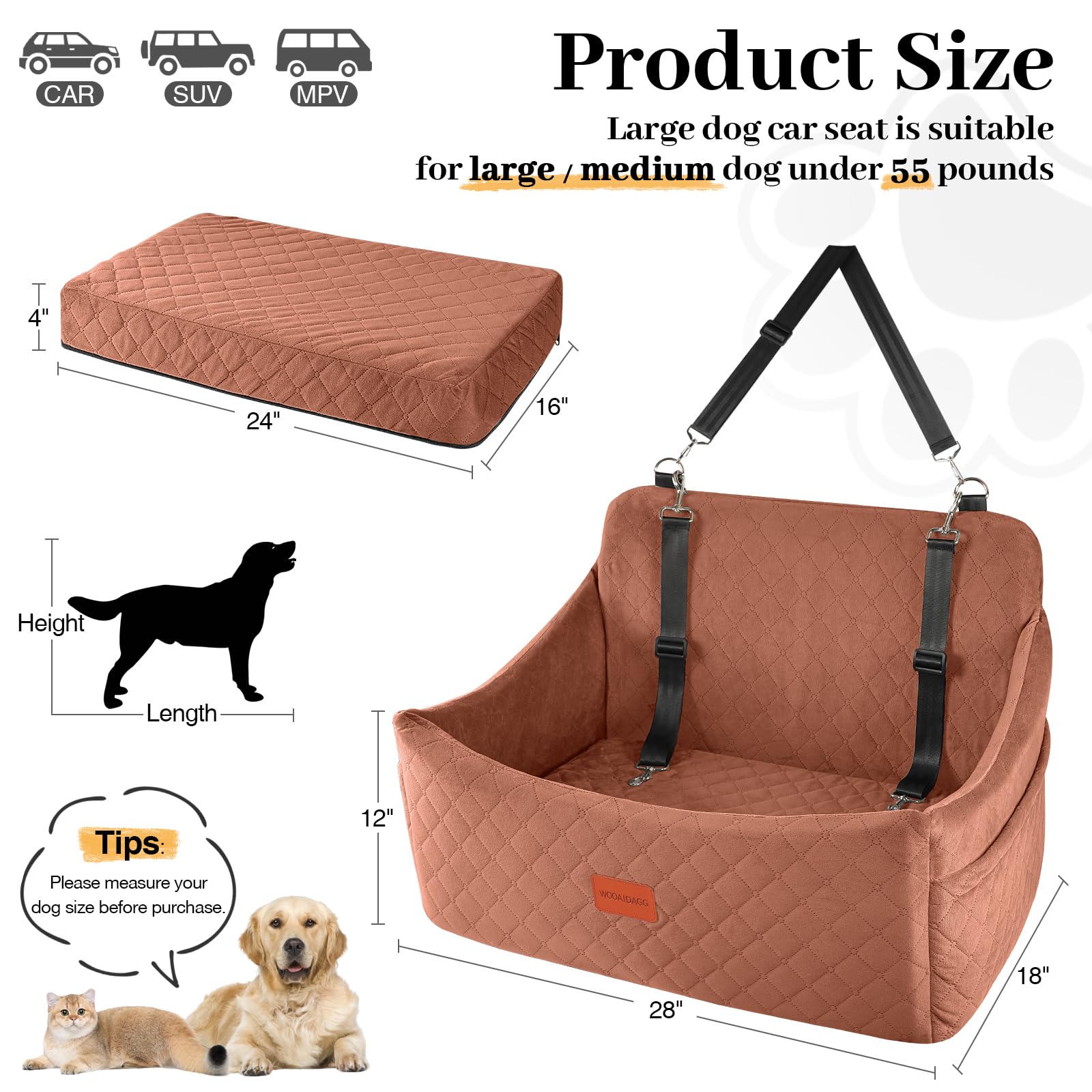 Wooaidagg Dog Car Seat for Medium & Large Dogs Up to 55lbs, Memory Foam Cushion, Washable Cover, Safety Straps & Non-Slip Base (