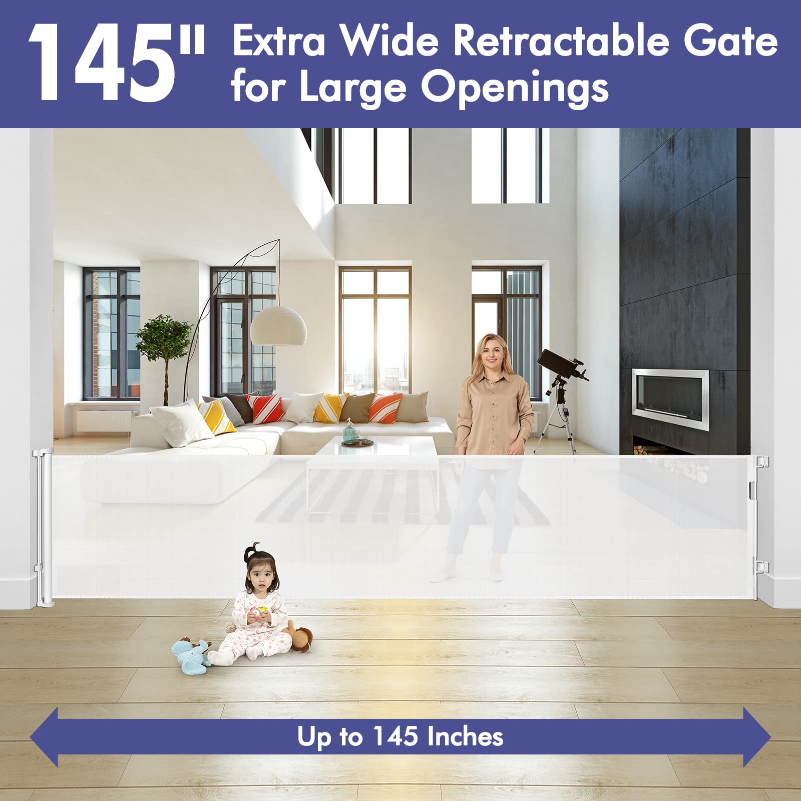 145 Inch Retractable Baby Gates Extra Wide Dog Gate For Extra Wide Openings Retractable Dog Gate Indoor Outdoor Retractable Gate Mesh Baby Gate Extra Long Baby Gate For Stairs, Doorways, White