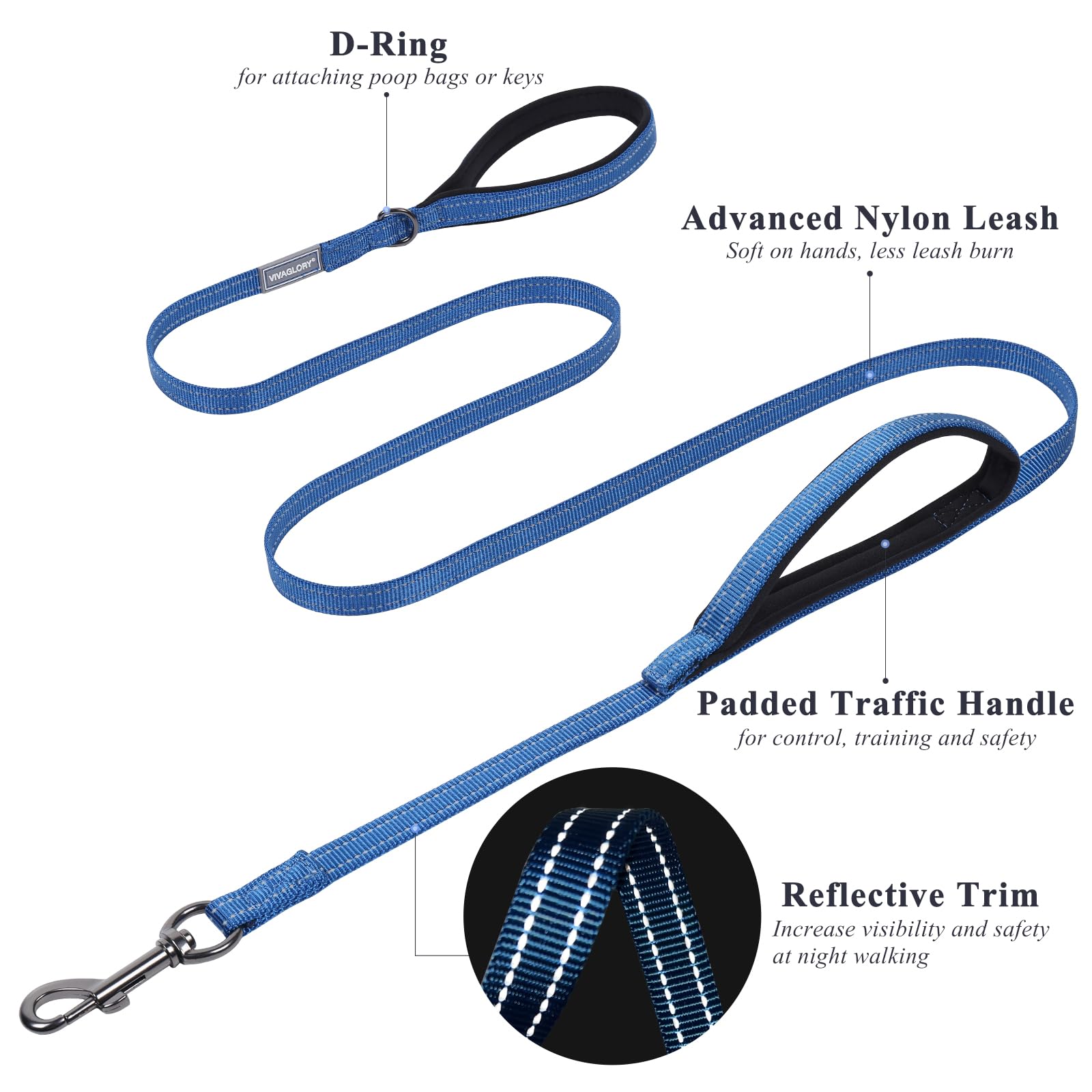 Vivaglory Traffic Handle Dog Leash, Two Padded Soft Handles Dog Leash, Strong Reflective & Metal Hook Training Dog Lead, Blue