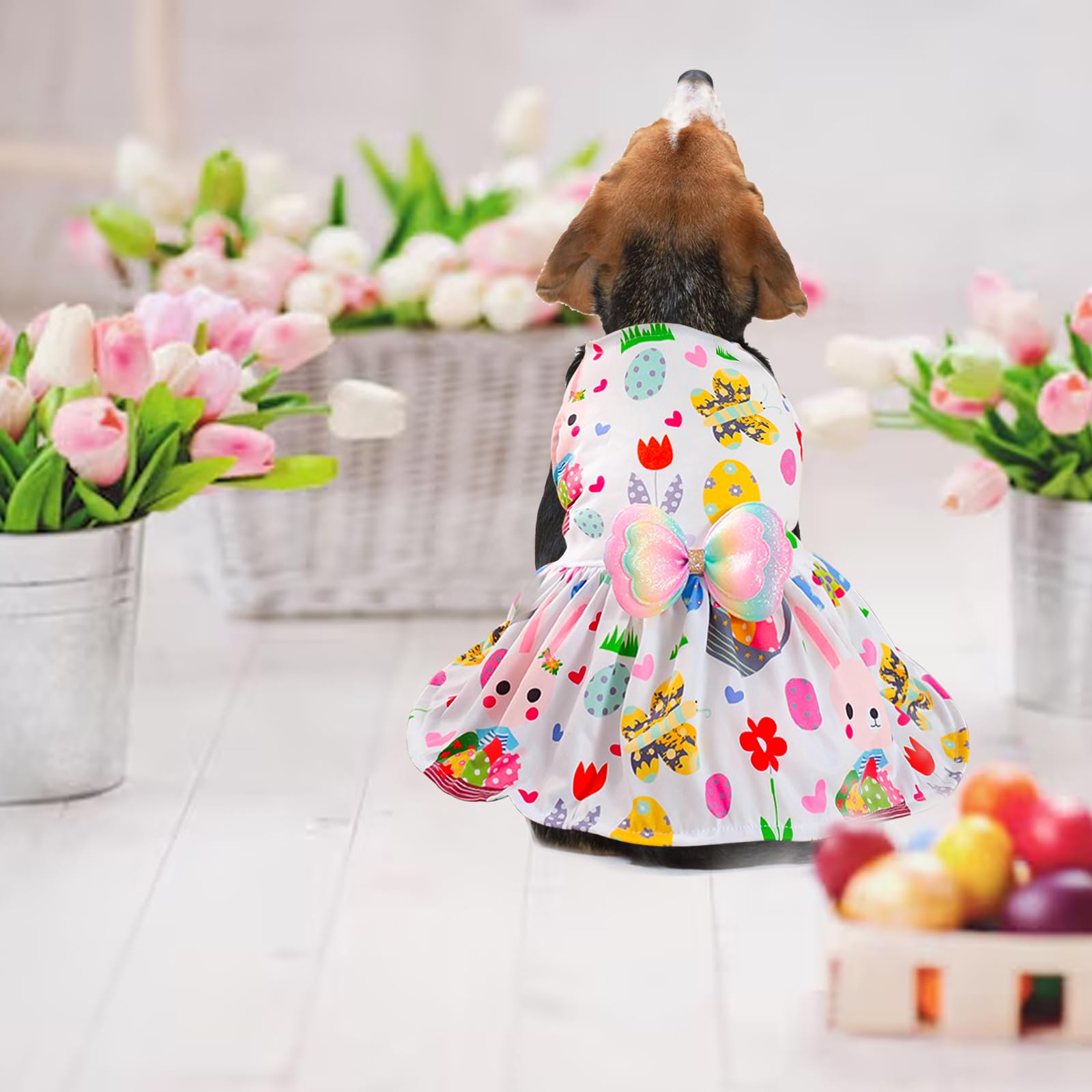 Easter Dog Costume Dress For Pets, Easter Bunny Pet Outfit Dogs Bow Clothes,White Puppy Skirt, Spring Dog Outfit,Size M (17.6-19