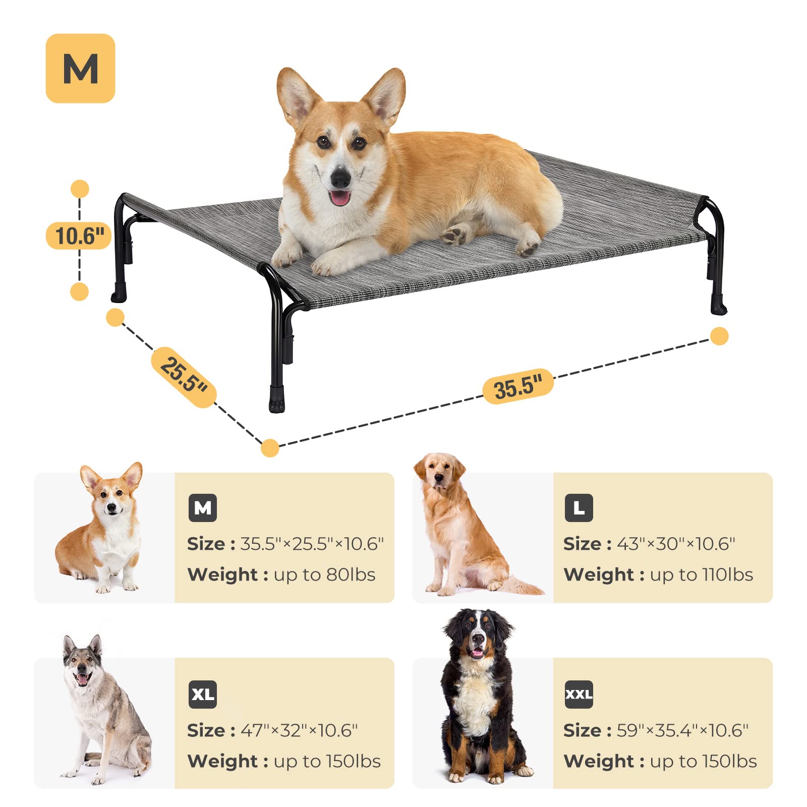 Veehoo Elevated Dog Bed, Outdoor Raised Dog Cots Bed For Medium Dogs, Cooling Camping Elevated Pet Bed With Slope Headrest For Indoor And Outdoor, Washable Breathable, Medium, Black Silver, Cwc2204
