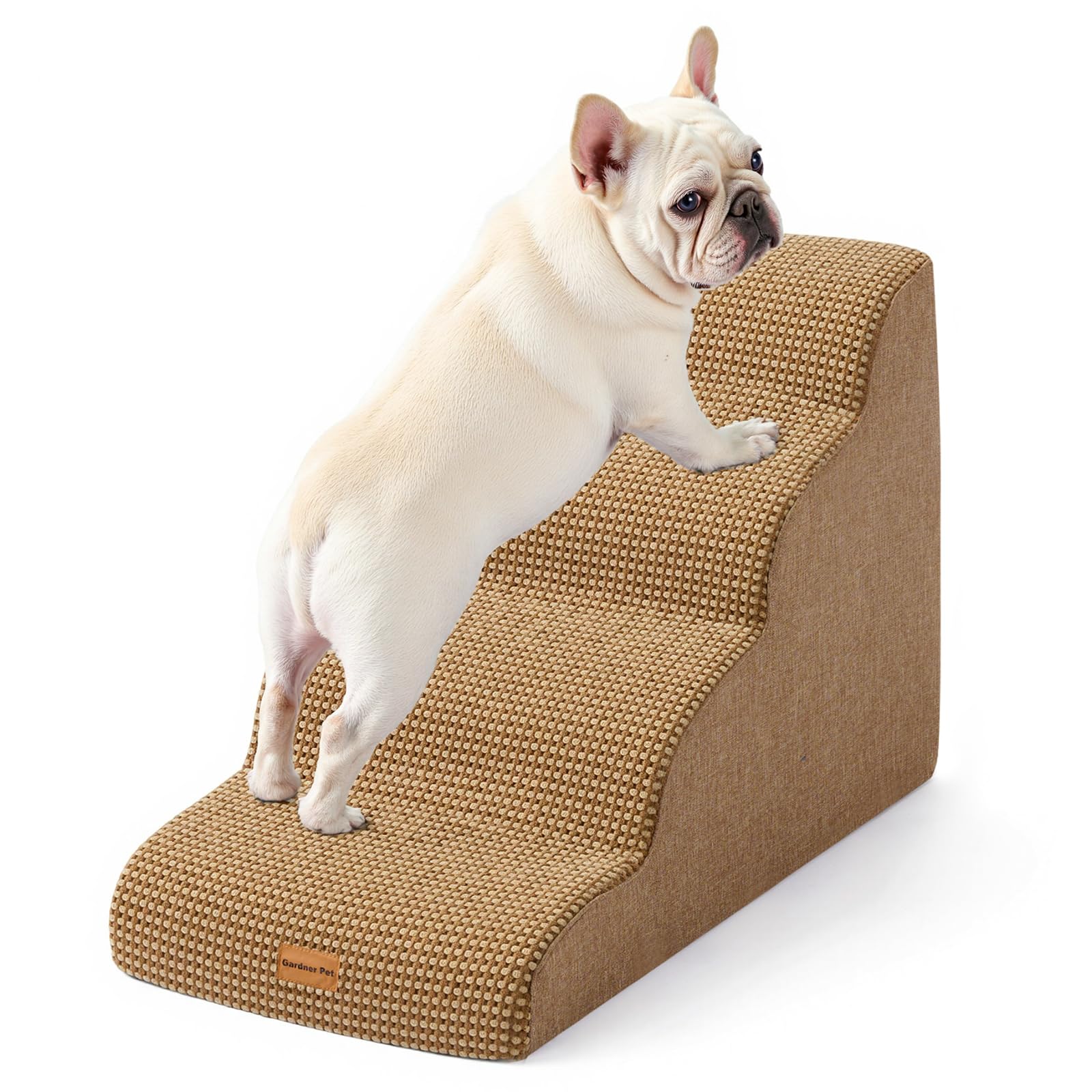 Gardner Pet Dog Stairs for Small Dogs 19.7 H, 4-Step Brown Curved Pet Stairs, Dog Steps for High Bed (18-24 in), Couch with Dura