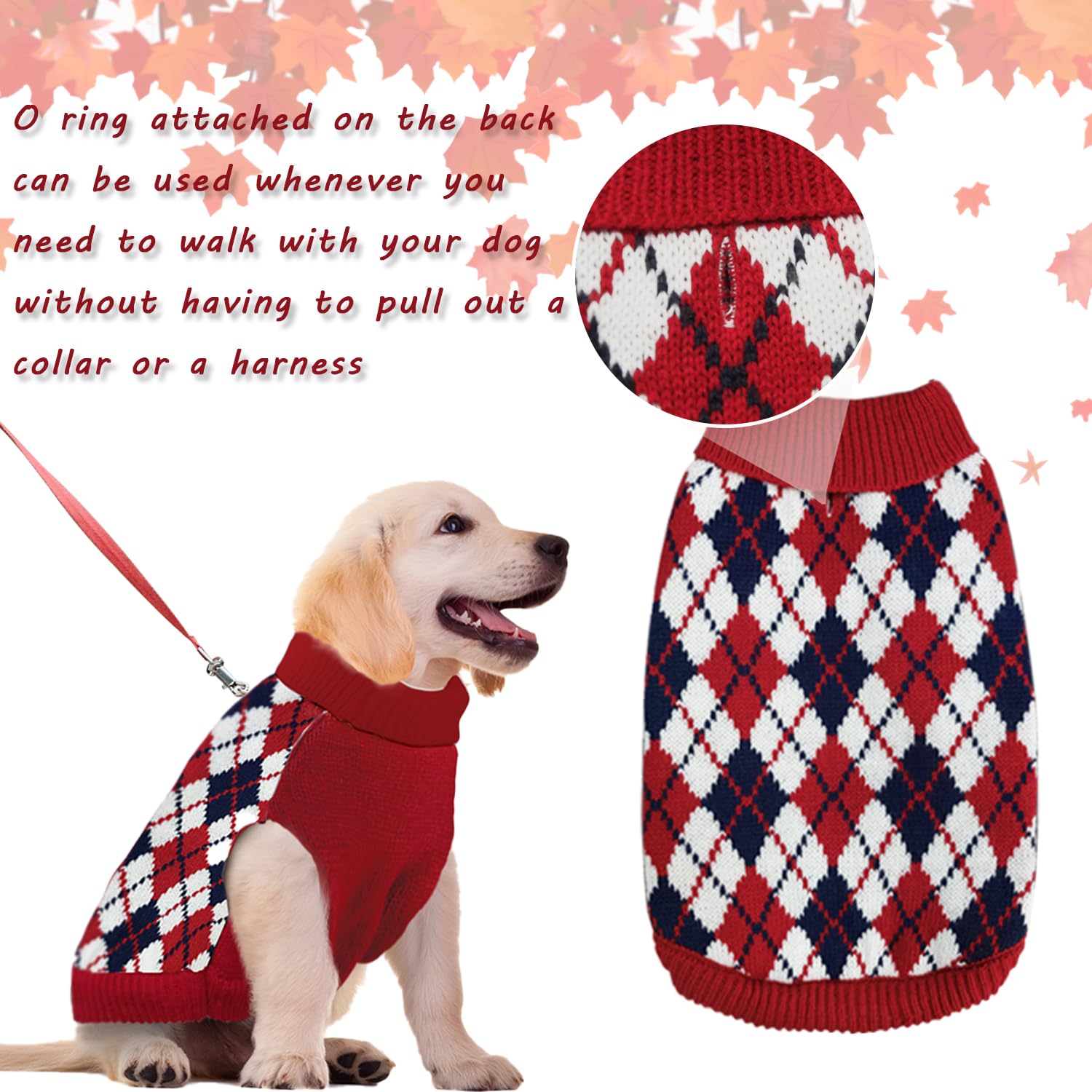 Dog Sweater Knitted Pet Clothes Classic Winter Outfit with Plaid Red Argyle Patterns Warm Dog Turtleneckr Sweatshir for Small Me