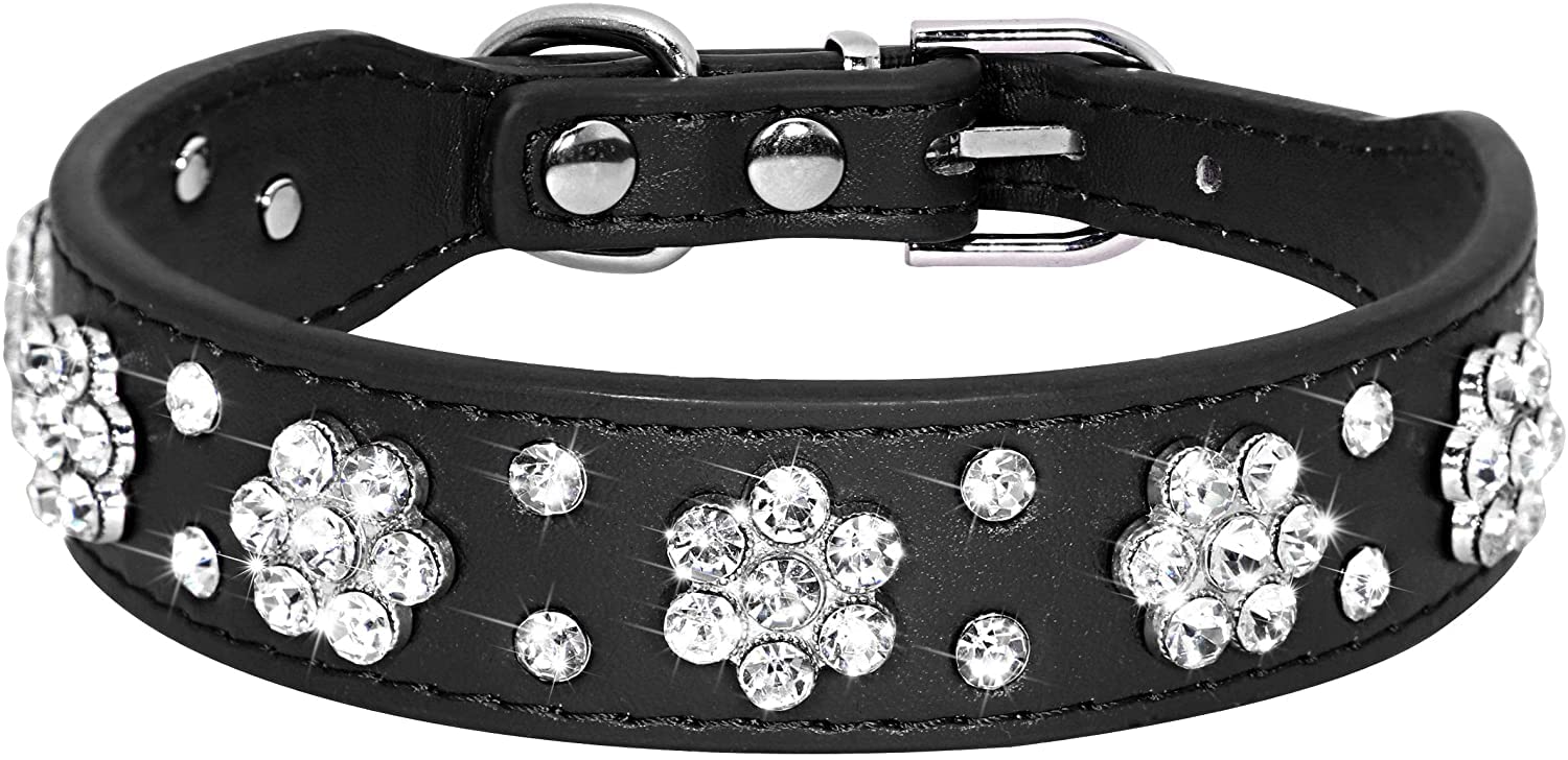 Serijoars Rhinestone Dog Collar, Cute Flower Rhinestone Bling Collar Pu Leather Adjustable Sizes Xs Small Medium (S, Black)